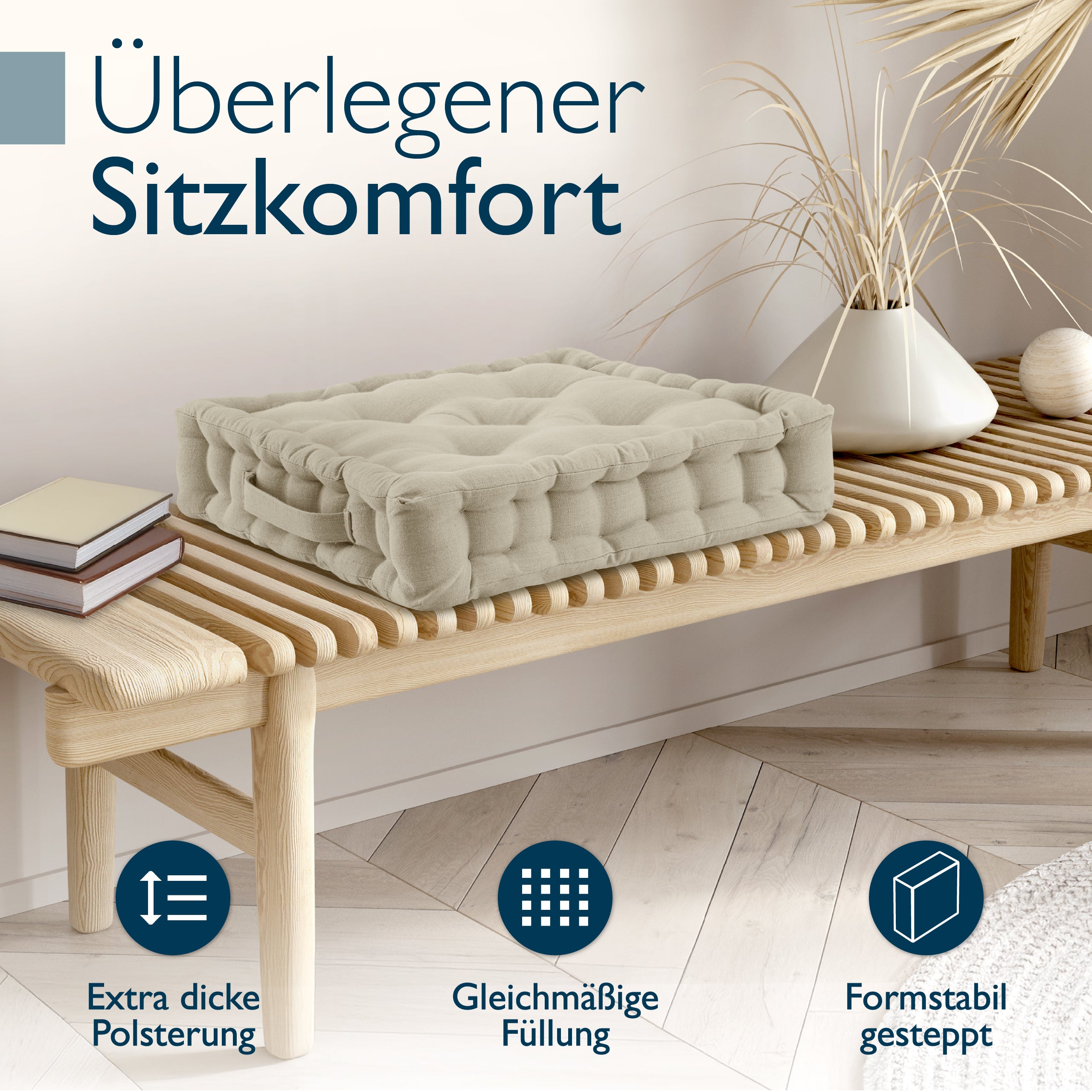 Beautissu Indoor & Outdoor Bodenkissen 50x50x8 cm mit Tragegriff – Sit