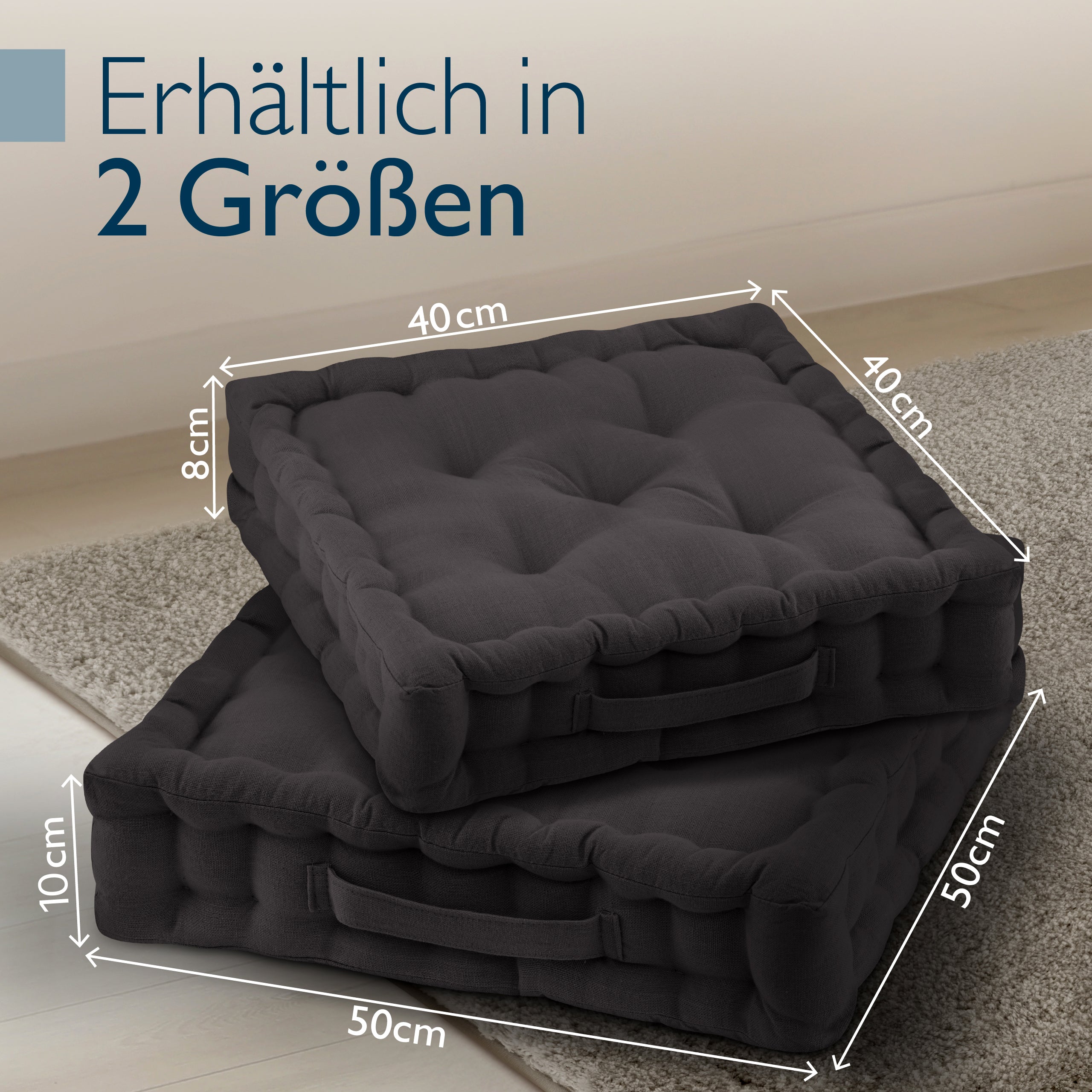 Beautissu Indoor & Outdoor Bodenkissen 50x50x8 cm mit Tragegriff – Sit