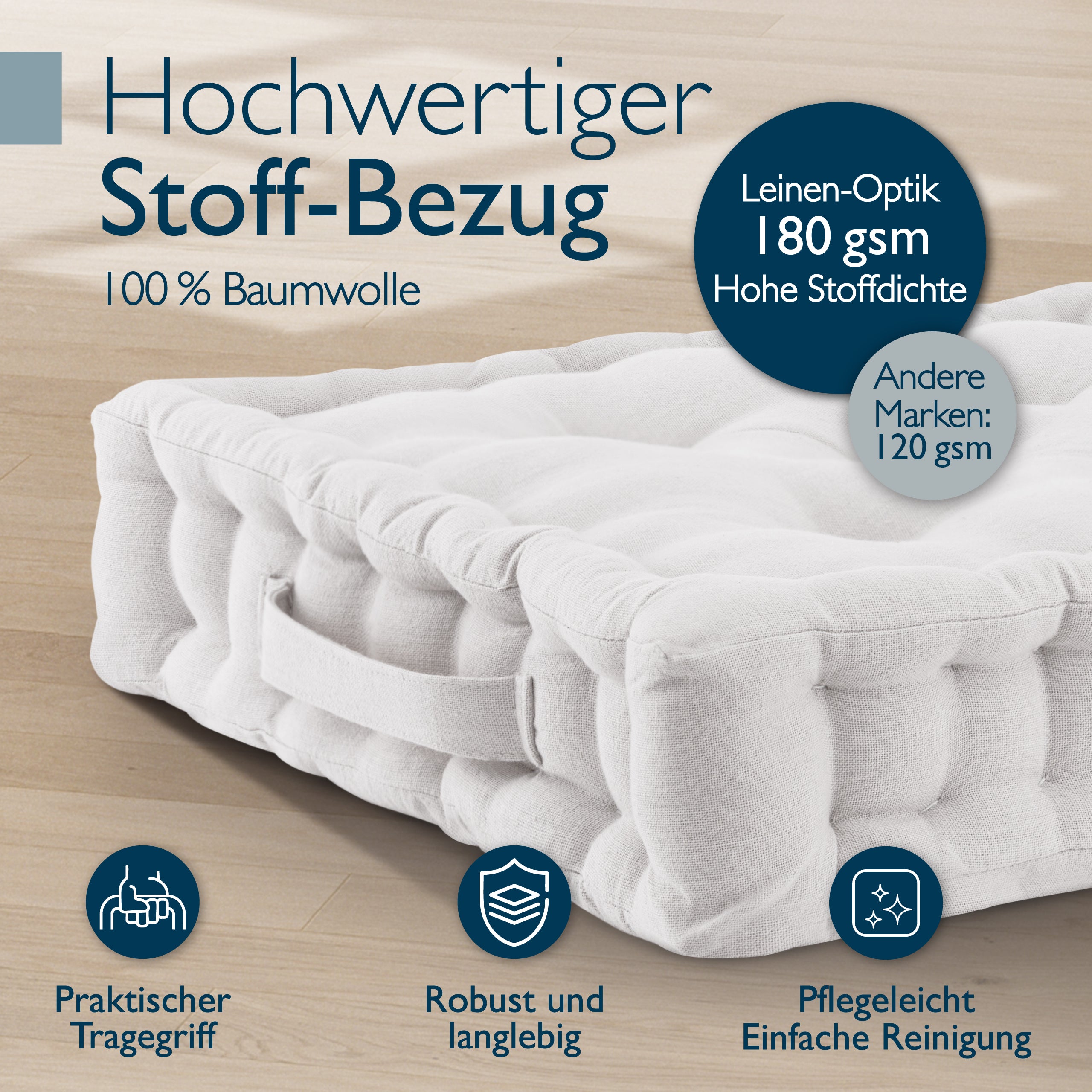 Beautissu Indoor & Outdoor Bodenkissen 50x50x8 cm mit Tragegriff – Sit