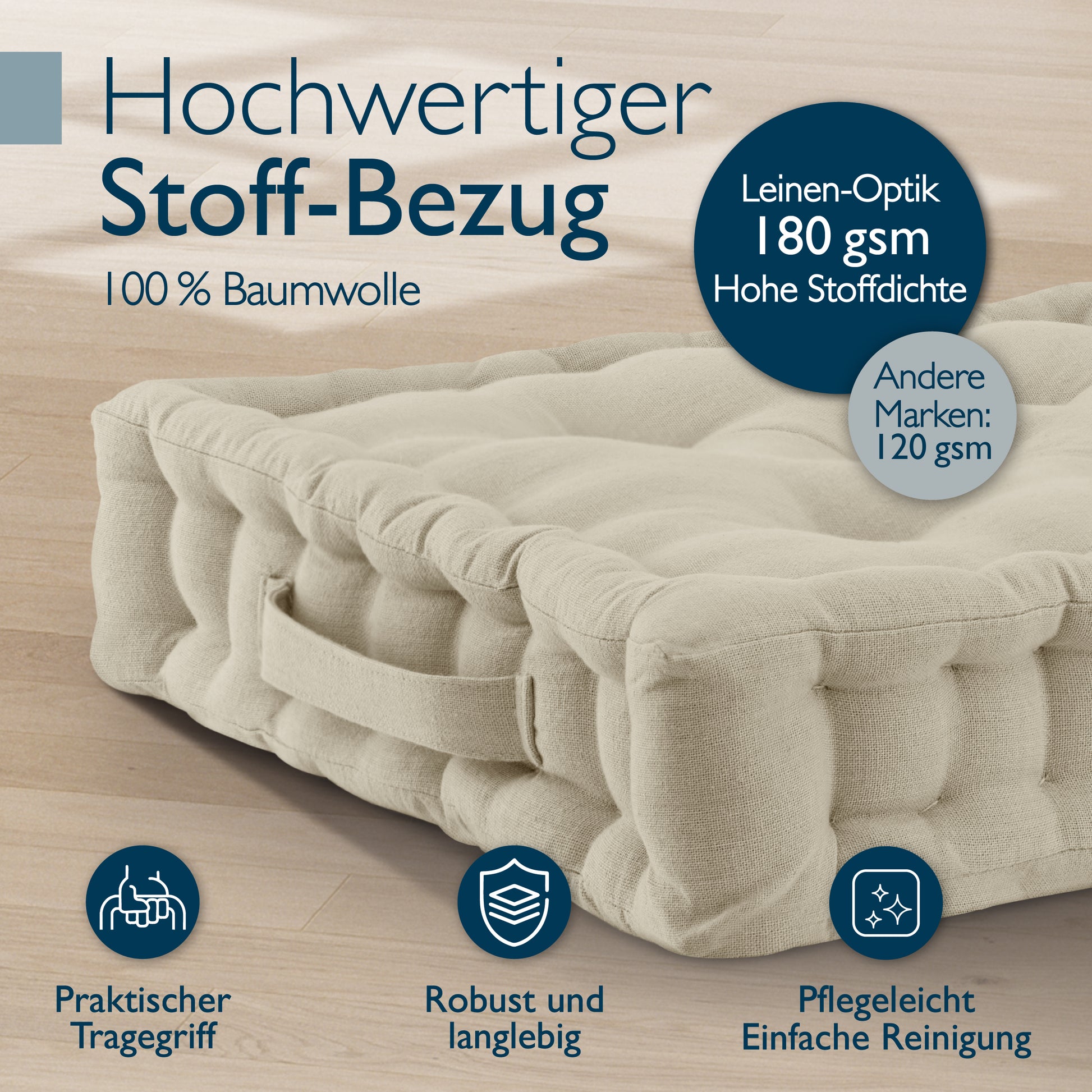 Beautissu Indoor & Outdoor Bodenkissen 50x50x8 cm mit Tragegriff – Sit