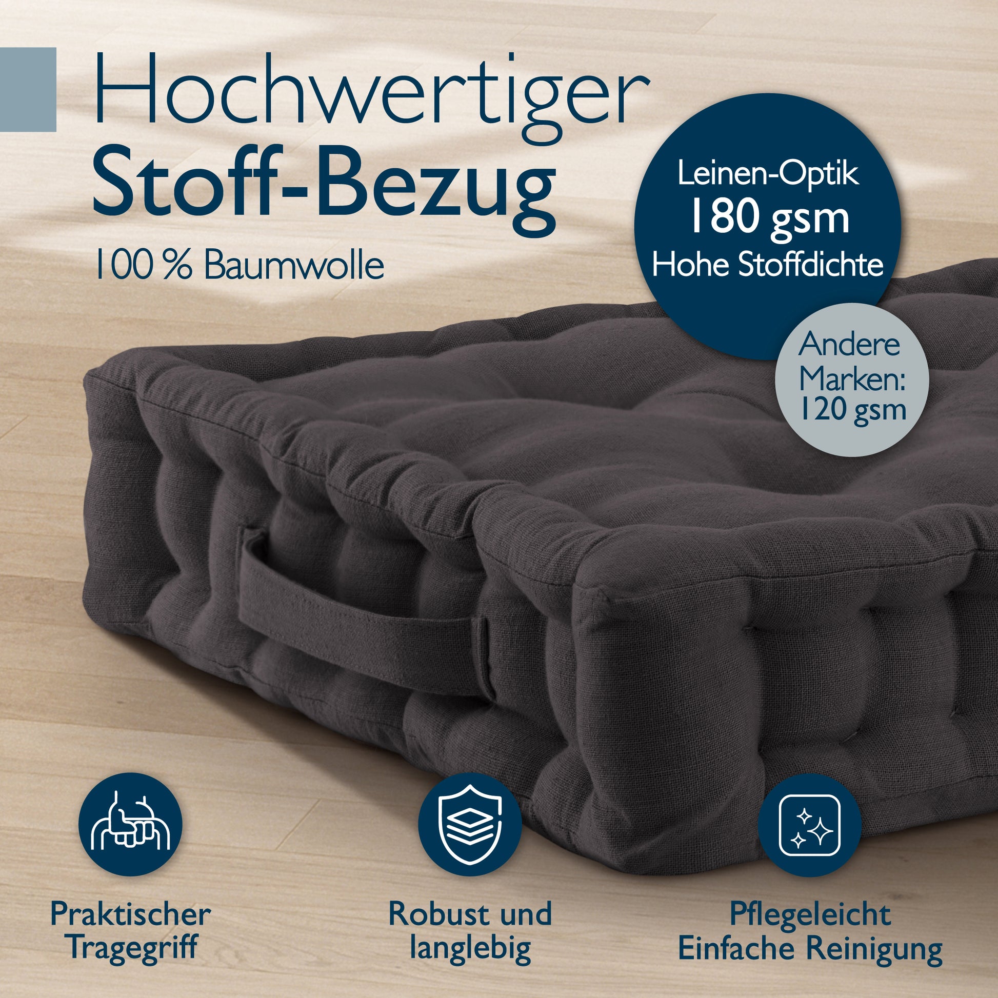 Beautissu Indoor & Outdoor Bodenkissen 50x50x8 cm mit Tragegriff – Sit