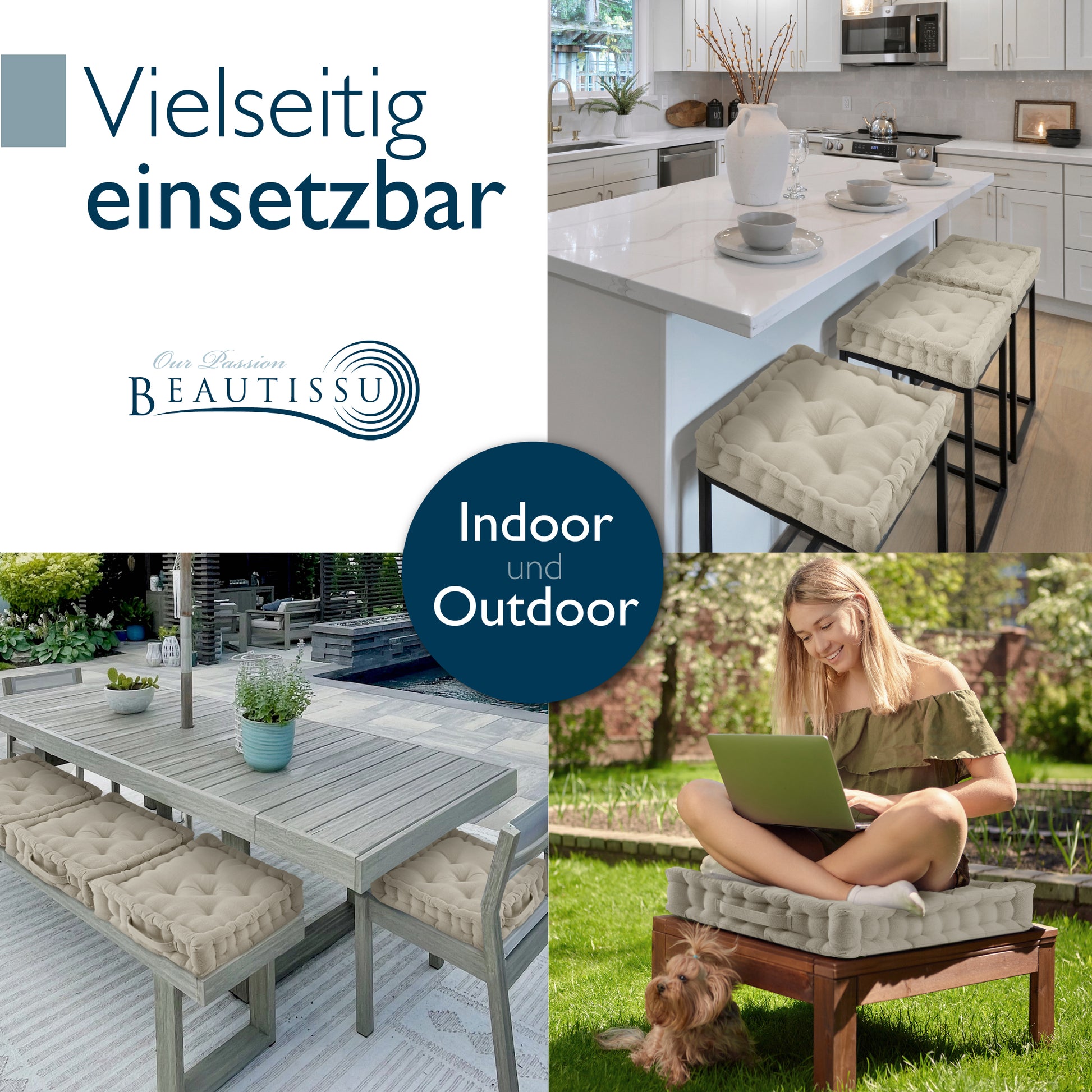 Beautissu Indoor & Outdoor Bodenkissen 50x50x8 cm mit Tragegriff – Sit