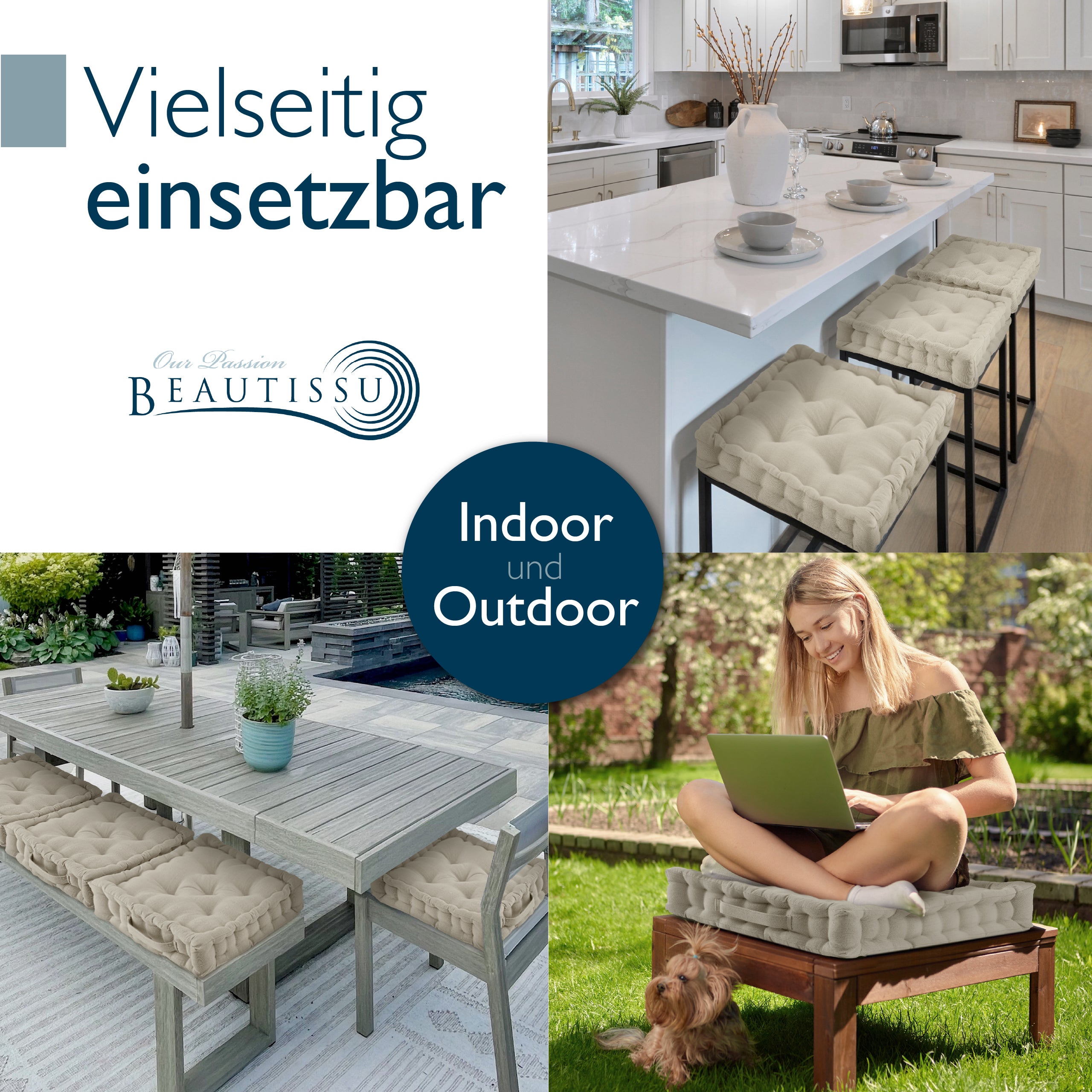 Beautissu Indoor & Outdoor Bodenkissen 50x50x8 cm mit Tragegriff – Sit