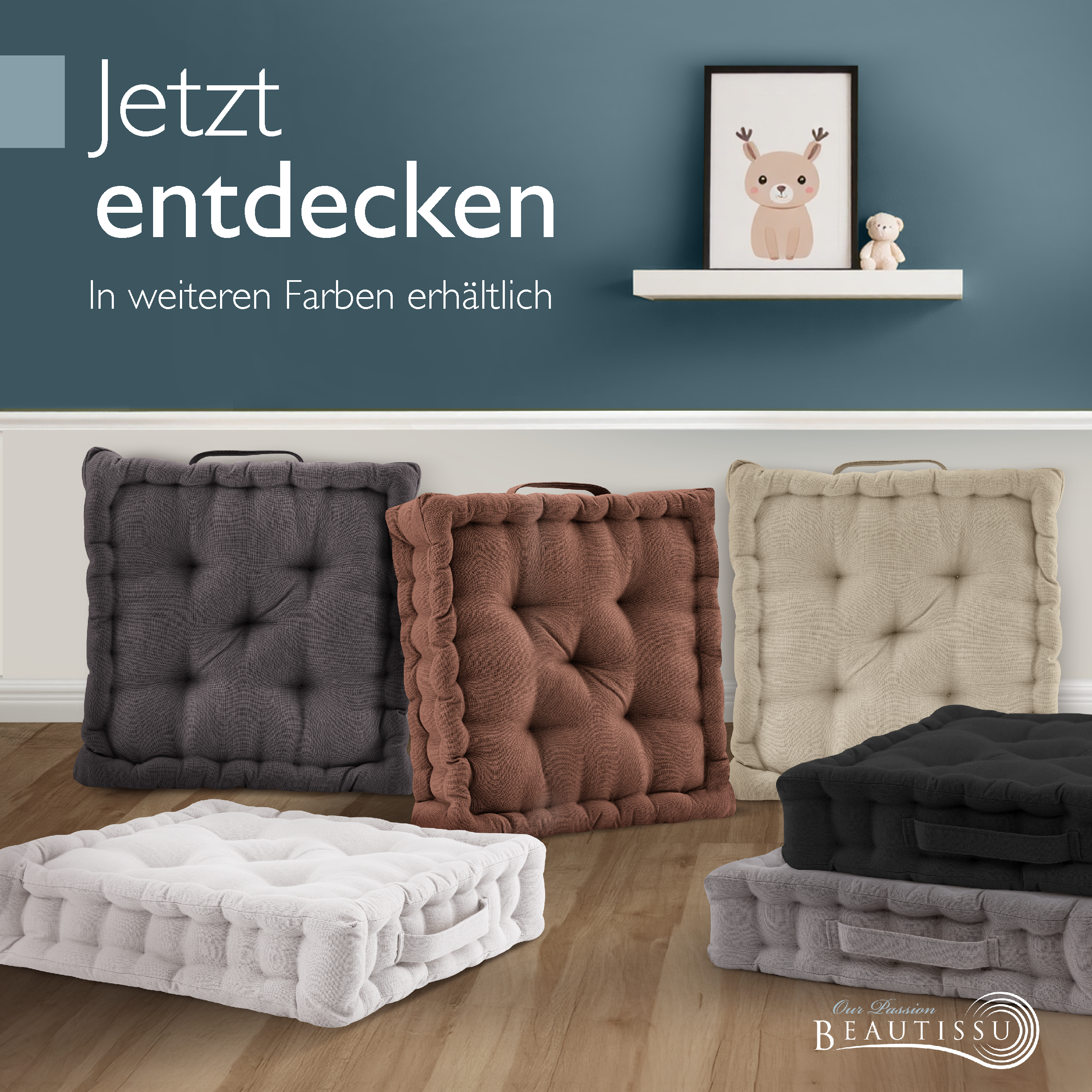Beautissu Indoor & Outdoor Bodenkissen 50x50x8 cm mit Tragegriff – Sit