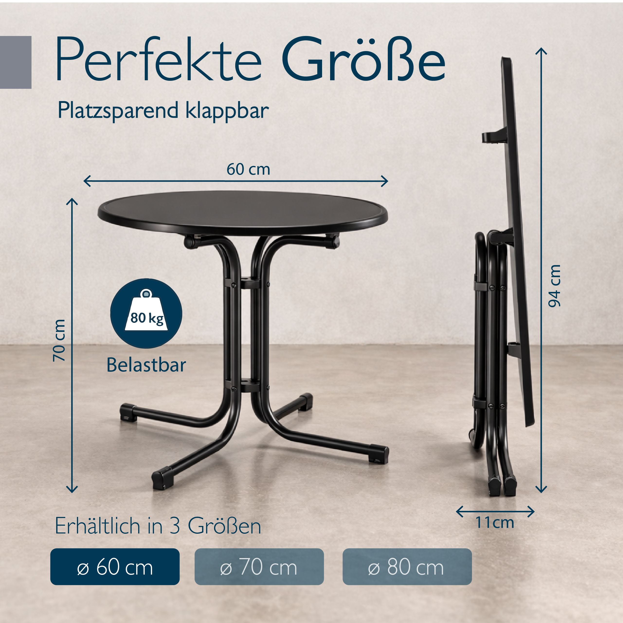 Klappbarer Bistrotisch mit wasserfester rechteckiger Tischplatte und stabilem Stahlgestell für Balkon und Garten