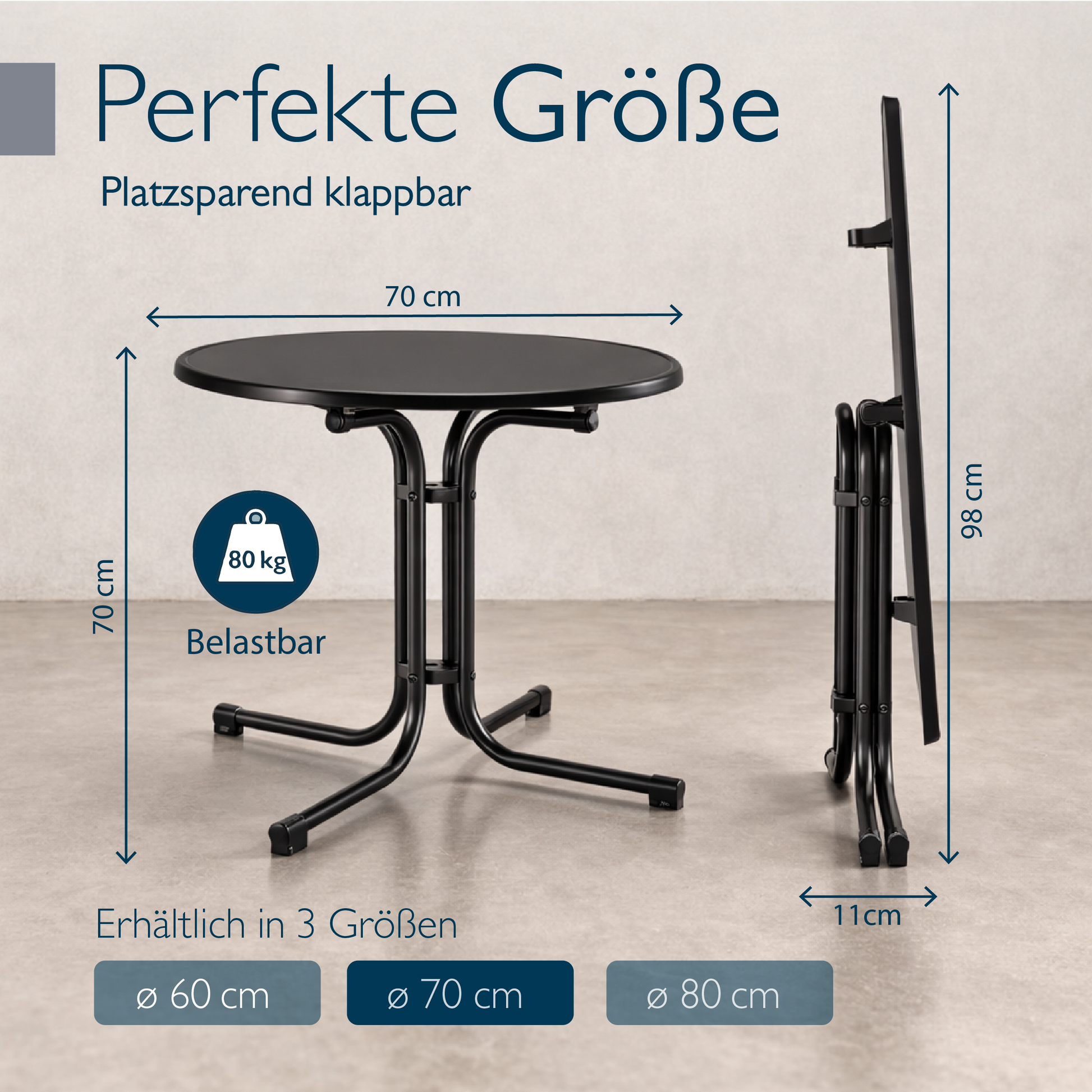 Klappbarer Bistrotisch mit runder, wasserfester Platte und stabilem Stahlgestell für Balkon und Garten