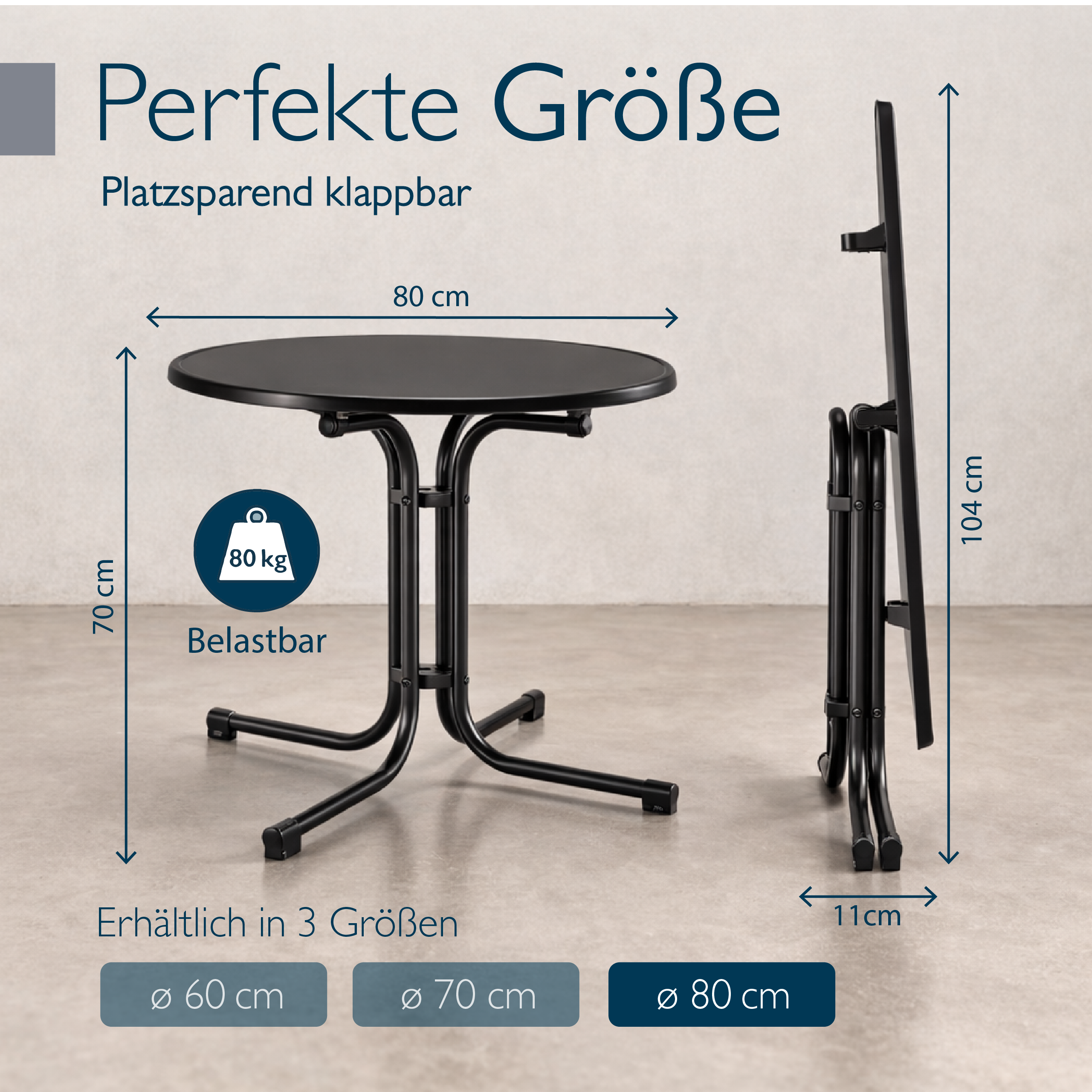 Klappbarer runder Bistrotisch mit wasserfester, UV-beständiger Tischplatte und rostfreiem Stahlgestell für Balkon und Garten