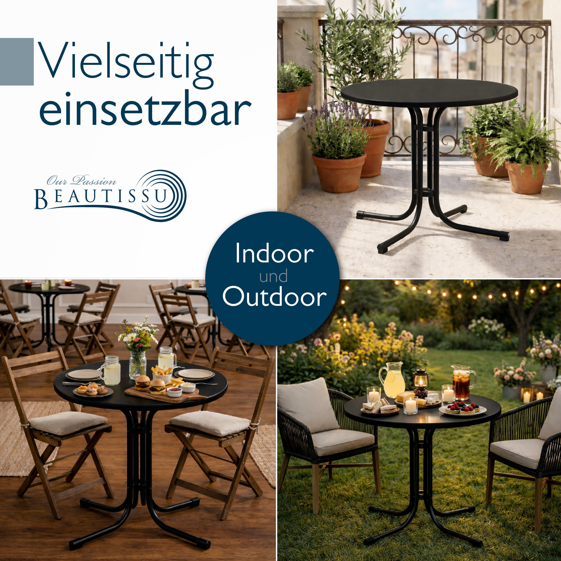 Runder Bistrotisch klappbar mit wasserfester Tischplatte für Balkon und Garten