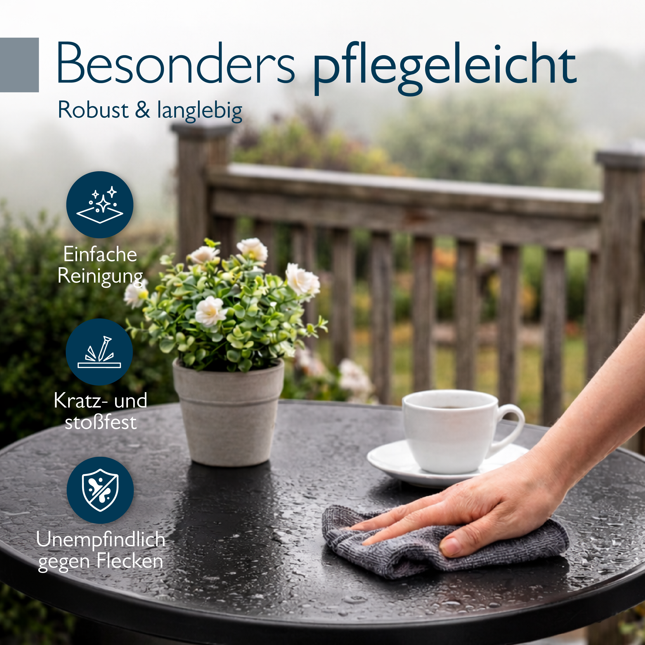 Klappbarer runder Bistrotisch mit wasserfester Platte und stabilem Stahlgestell für Balkon und Garten