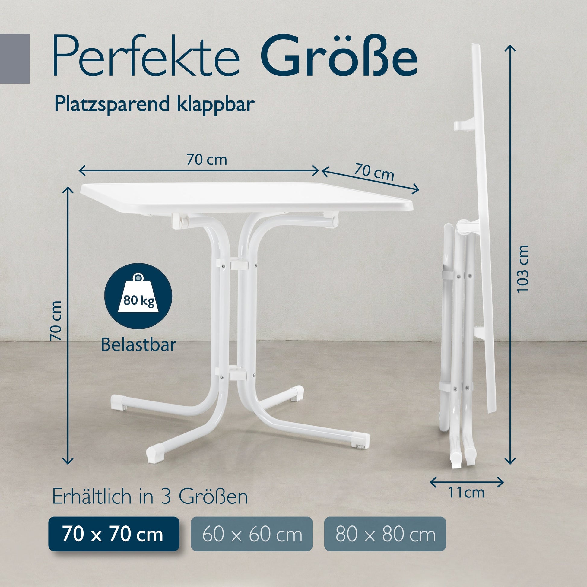 Klappbarer Bistrotisch Bistroni mit wasserfester, wetterfester Tischplatte und pulverbeschichtetem Stahlgestell ideal für Balkon und Garten