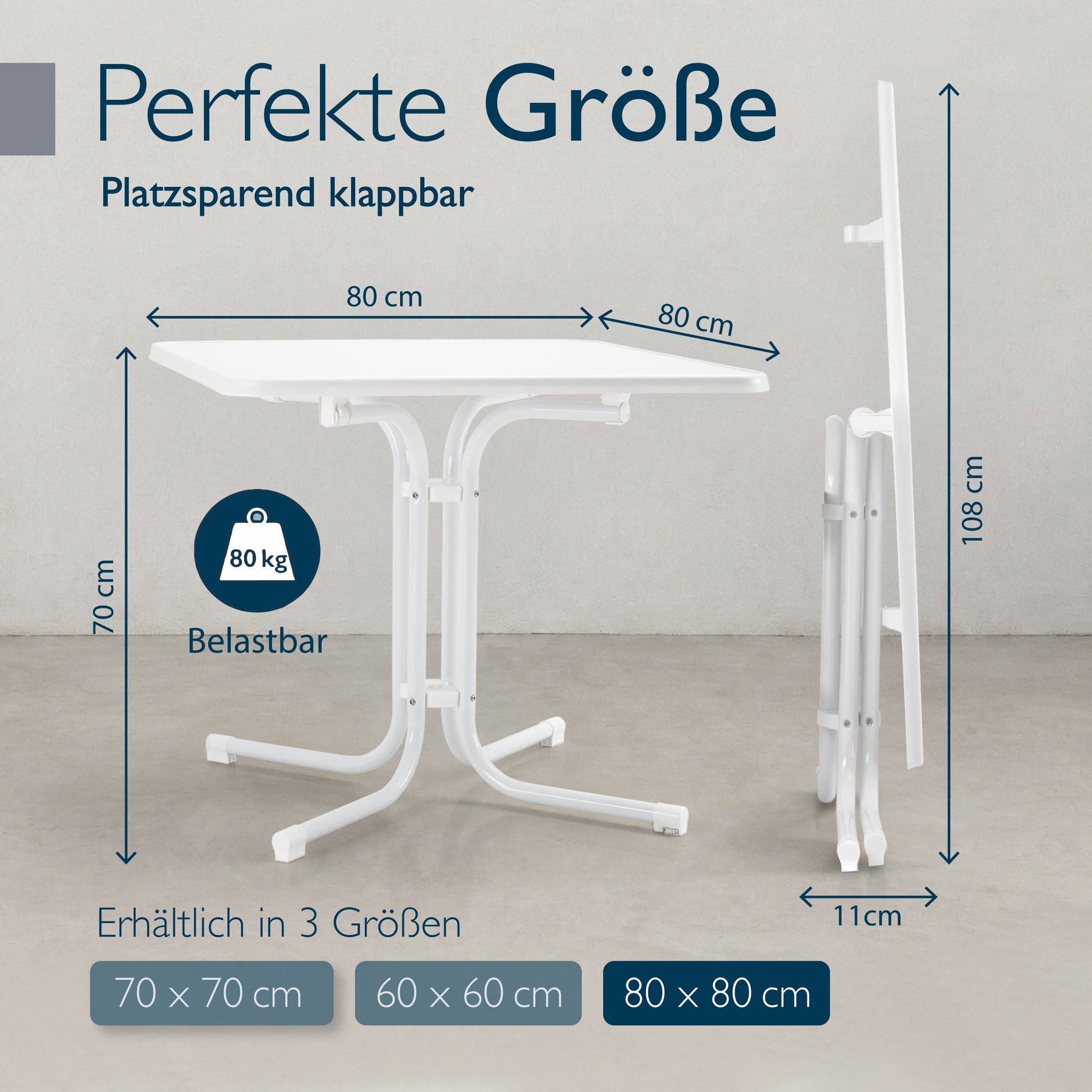 Klappbarer eckiger Bistrotisch Bistroni mit wasserfester, kratzfester Tischplatte und pulverbeschichtetem Stahlgestell für Balkon und Garten