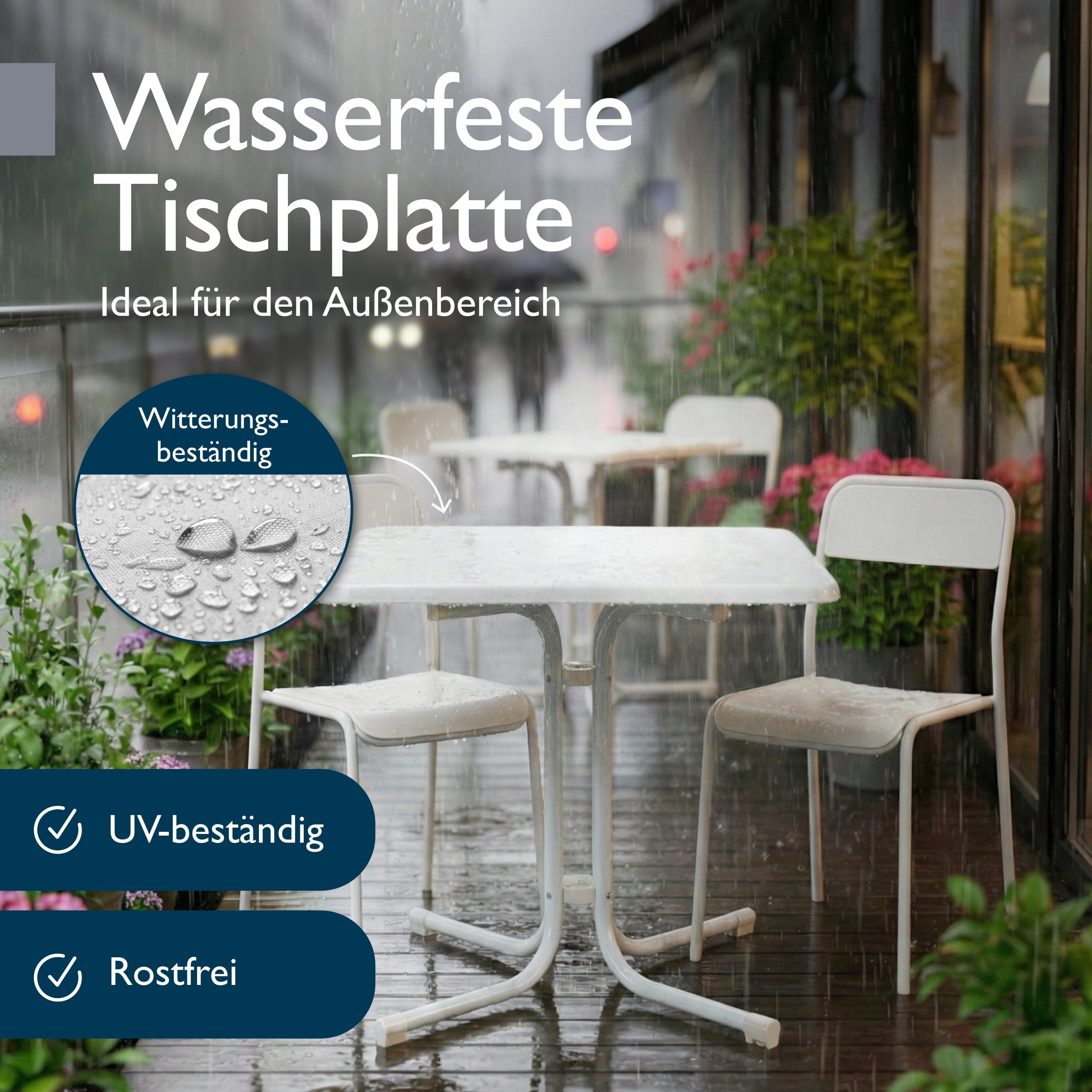 Klappbarer Bistrotisch Bistroni mit wasserfester, kratzfester Tischplatte und pulverbeschichtetem Stahlgestell für Balkon und Garten