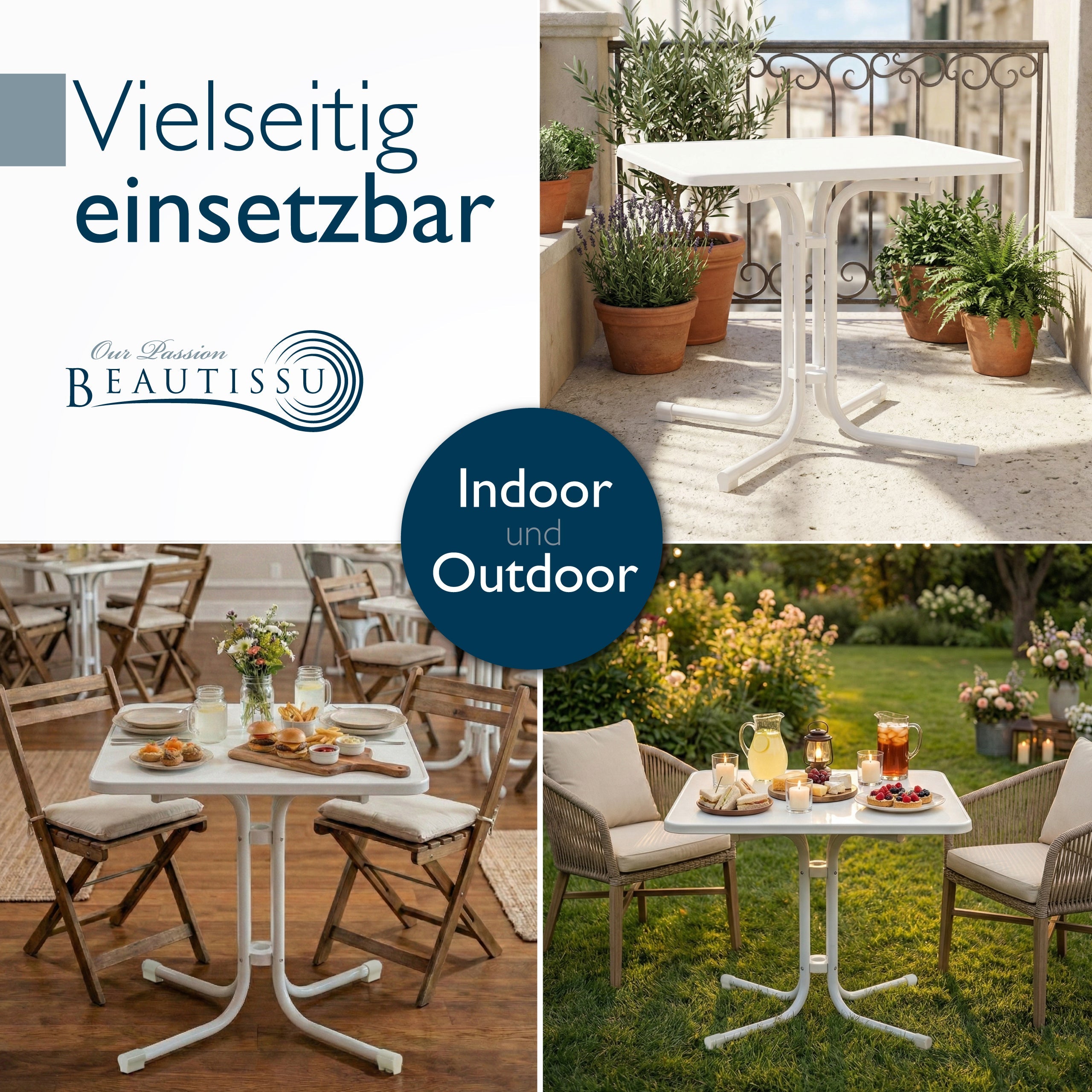 Klappbarer eckiger Bistrotisch Bistroni mit wasserfester Tischplatte und pulverbeschichtetem Stahlgestell für Balkon und Garten