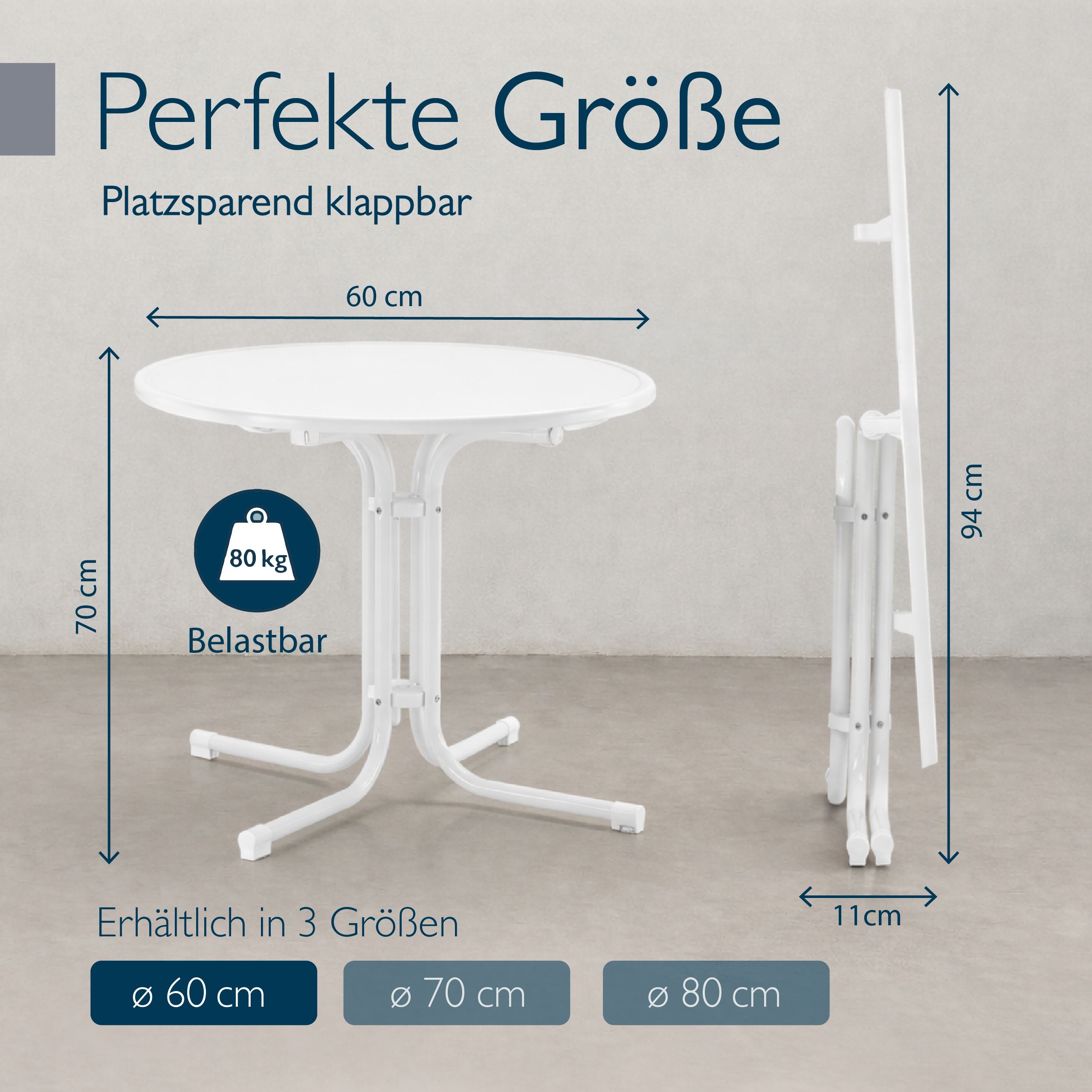 Klappbarer Bistrotisch Bistroni mit runder, wasserfester Tischplatte für Balkon und Garten
