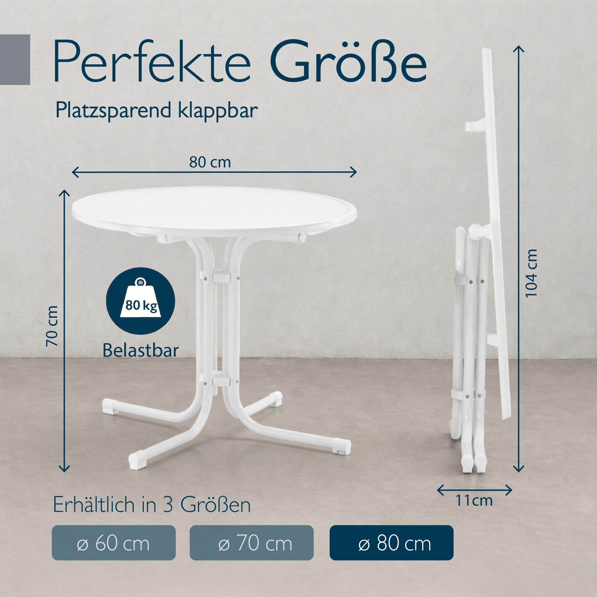 Klappbarer Bistrotisch mit runder, wasserfester Tischplatte und stabilem Stahlgestell für Balkon und Garten