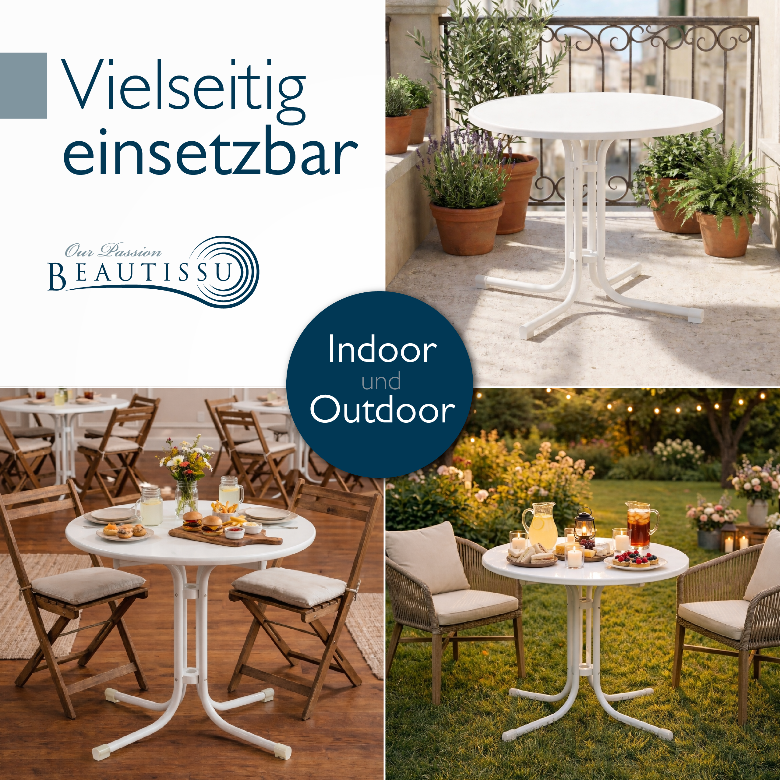 Klappbarer Bistrotisch mit runder, wasserfester Tischplatte und stabilem Stahlrohrgestell für Balkon und Garten