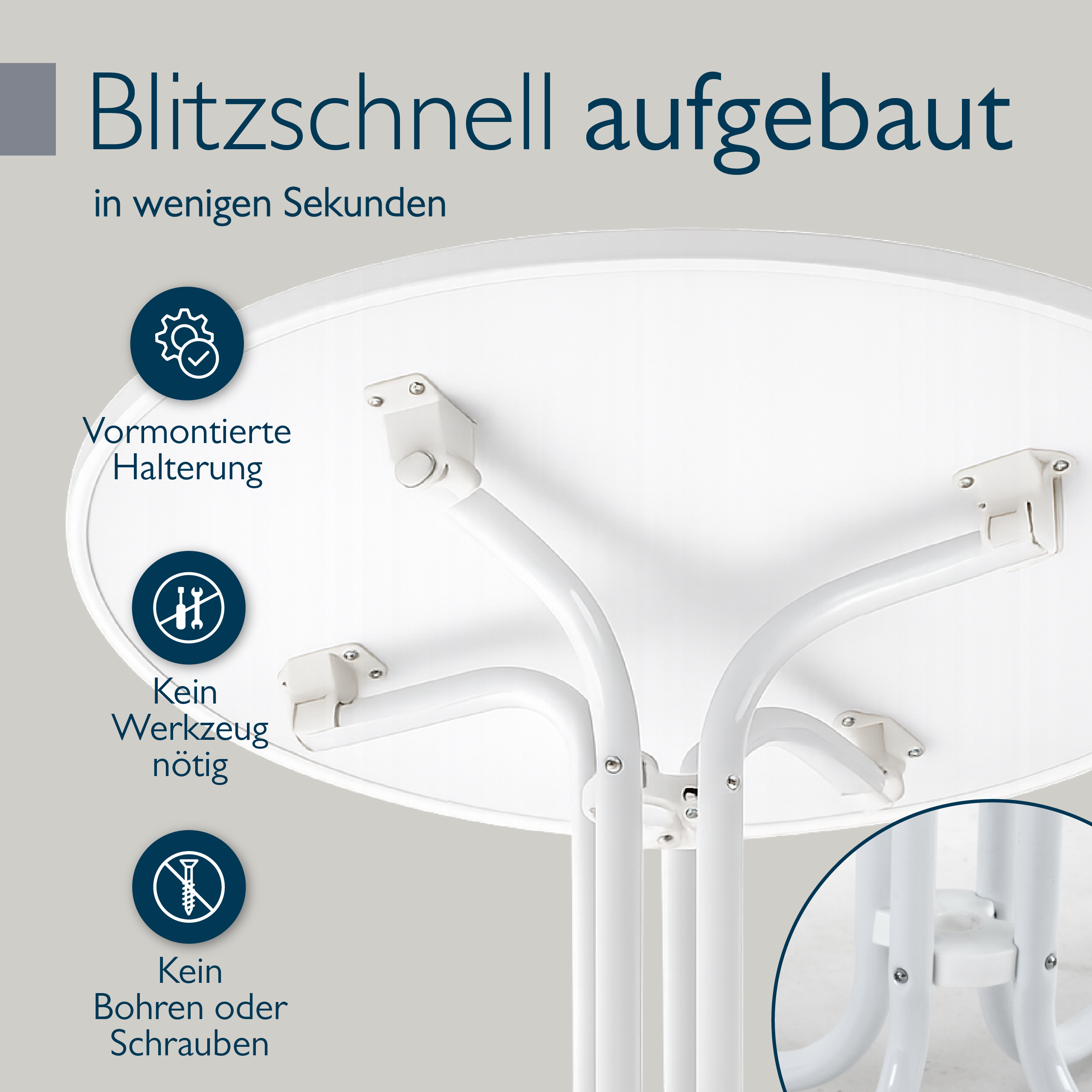 Klappbarer Bistrotisch mit runder, wasserfester Tischplatte ideal für Balkon und Garten