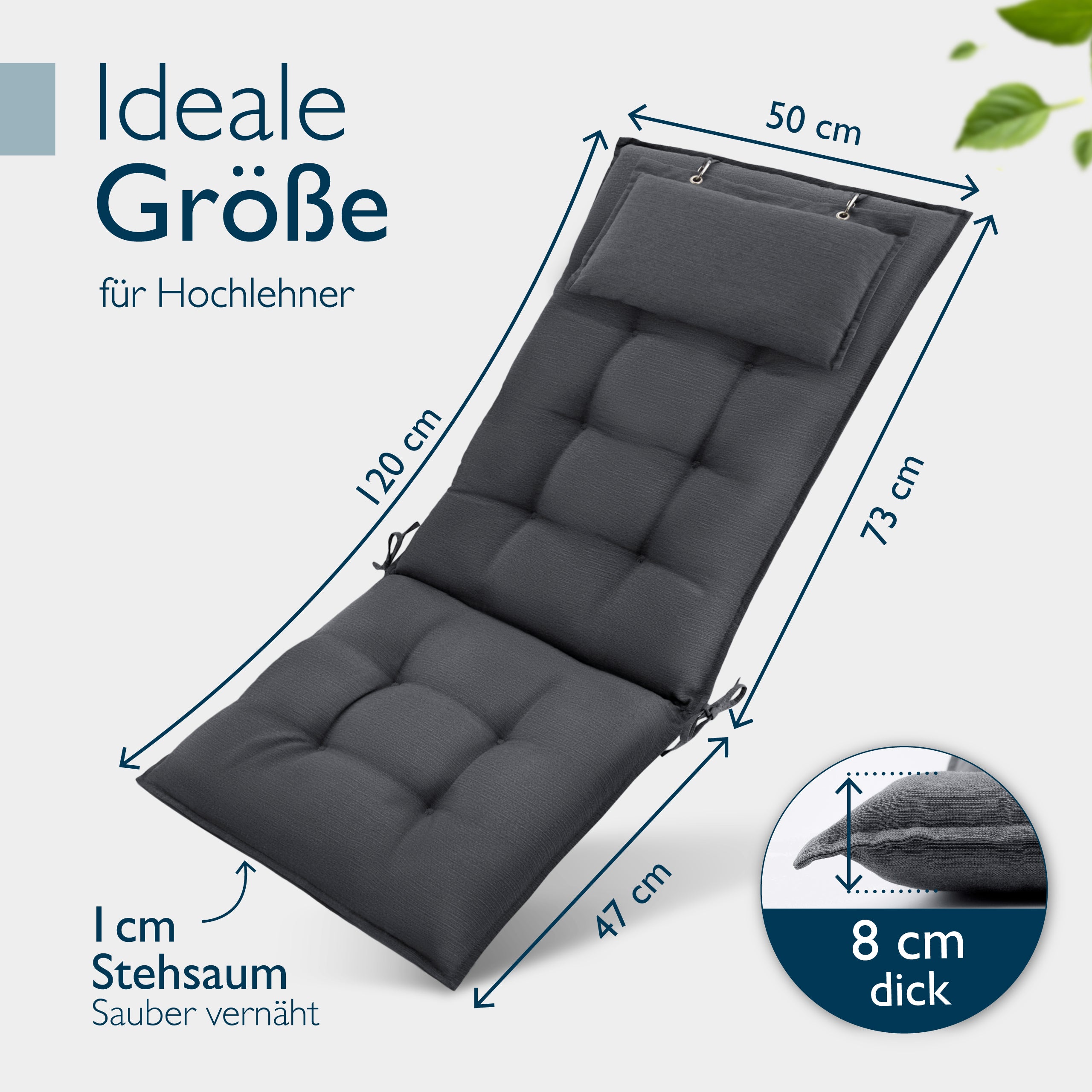 Beautissu Hochlehner Stuhlauflage 120x50x8 cm  – Gartenstuhl Sitzkisse