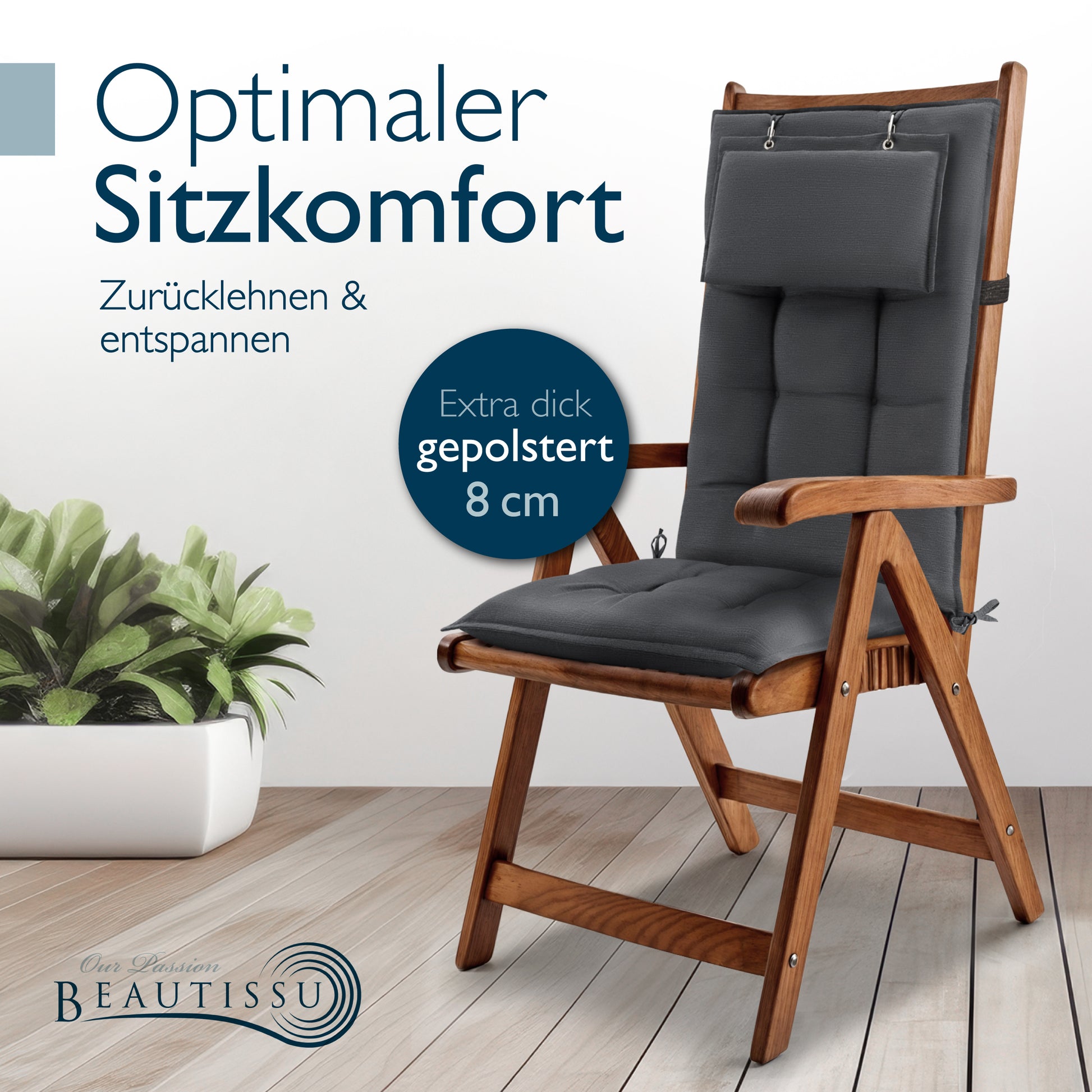 Beautissu Hochlehner Stuhlauflage 120x50x8 cm  – Gartenstuhl Sitzkisse