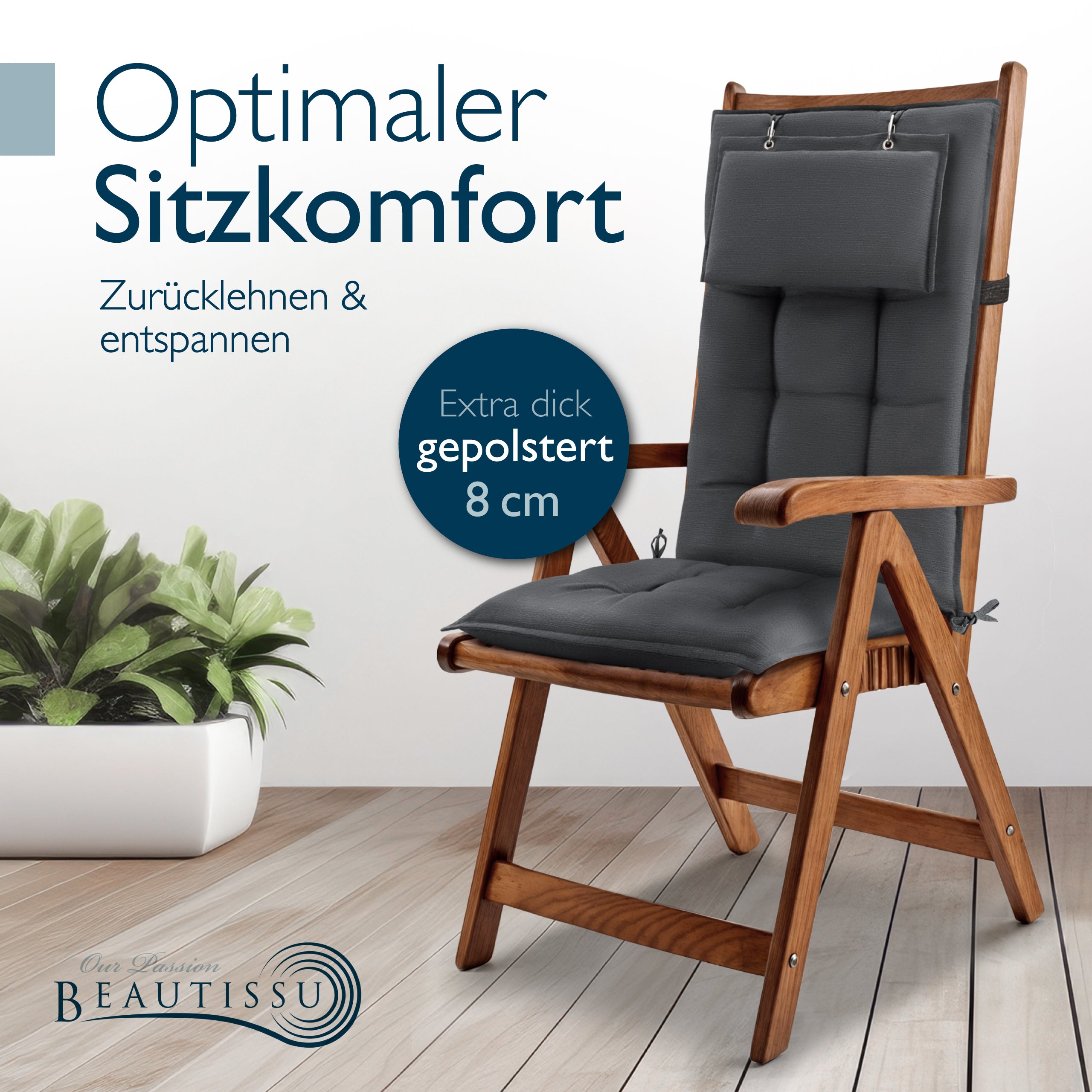 Beautissu Hochlehner Stuhlauflage 120x50x8 cm  – Gartenstuhl Sitzkisse