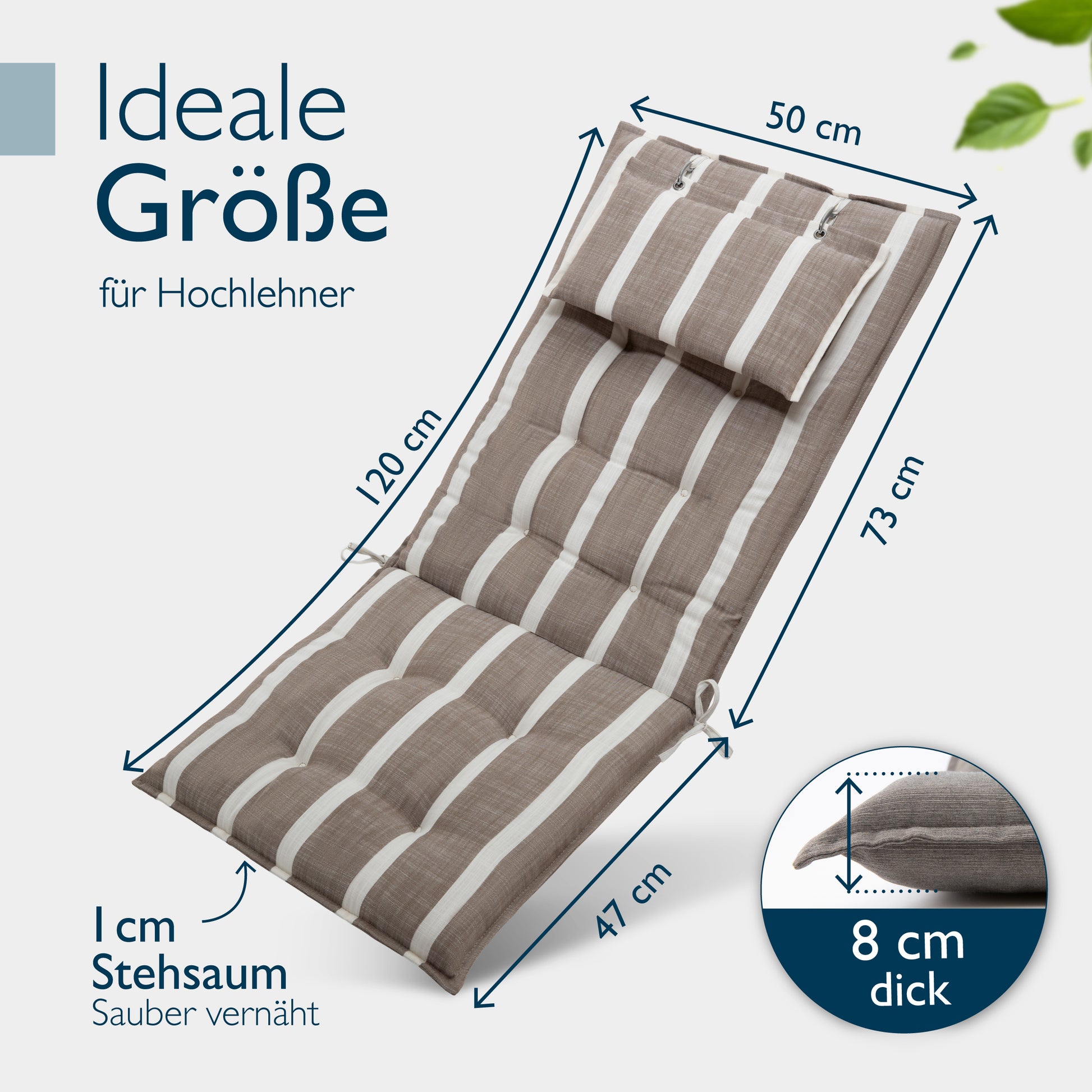Beautissu Hochlehner Stuhlauflage 120x50x8 cm  – Gartenstuhl Sitzkisse