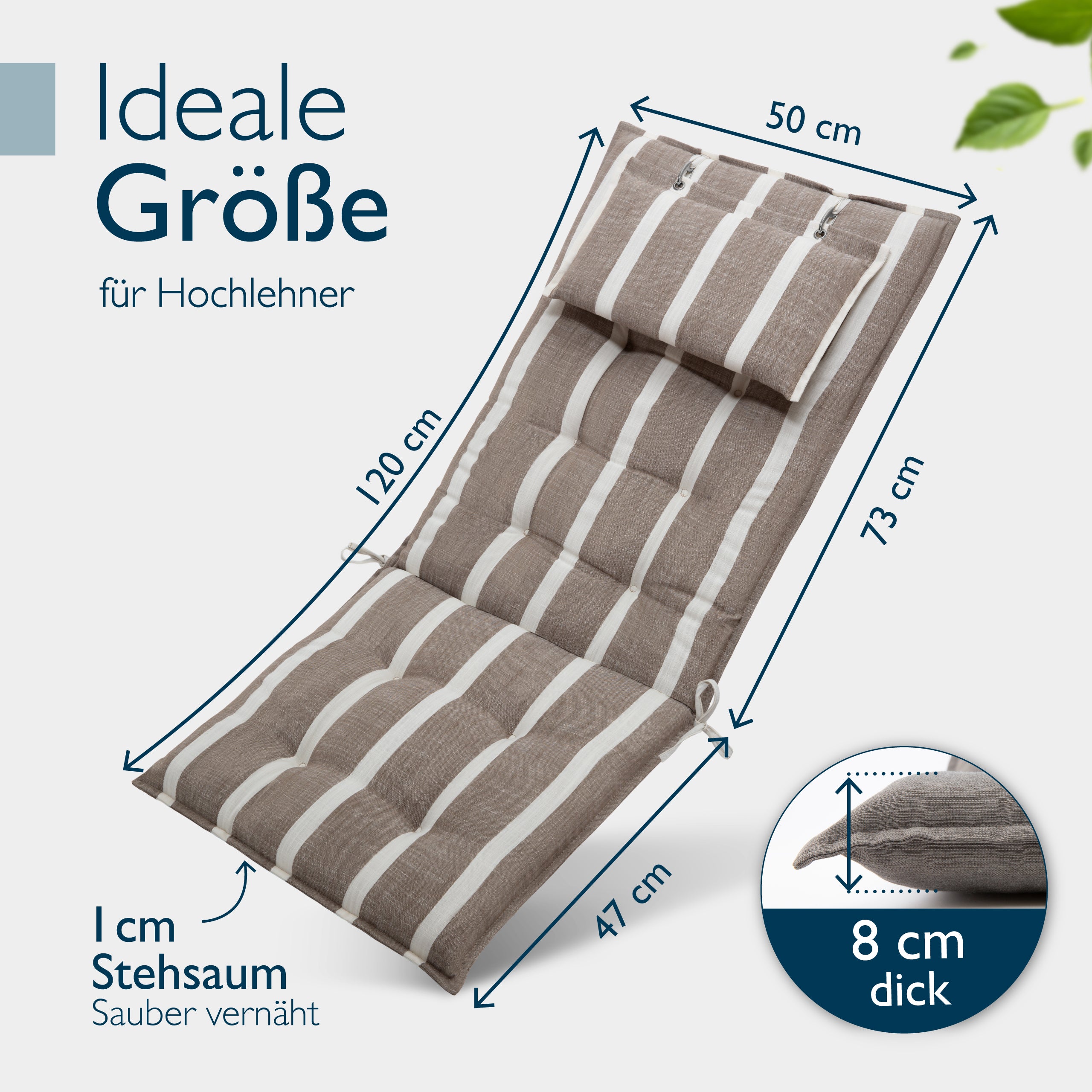 Beautissu Hochlehner Stuhlauflage 120x50x8 cm  – Gartenstuhl Sitzkisse