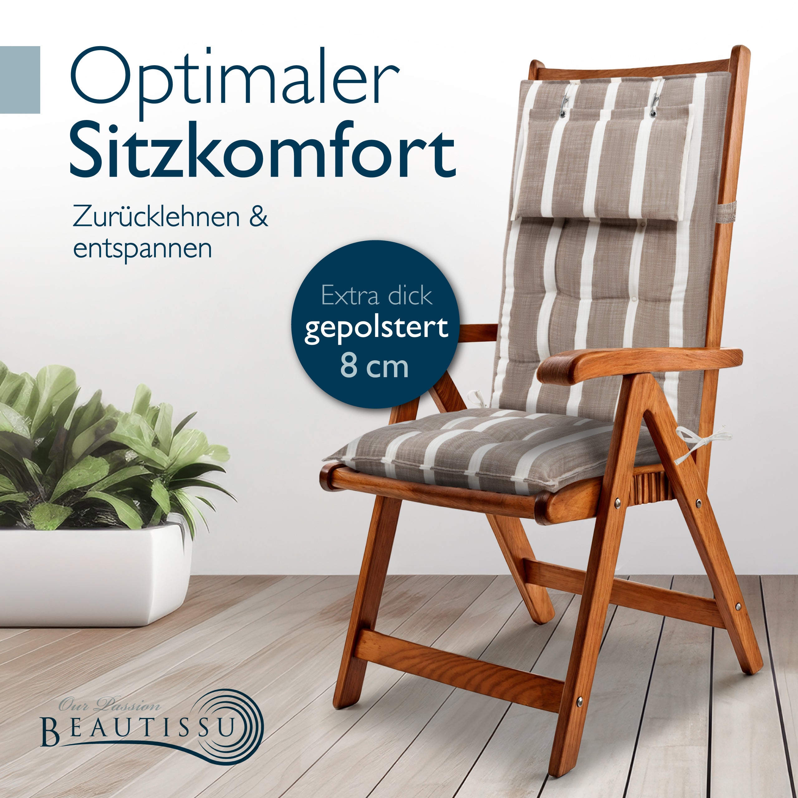 Beautissu Hochlehner Stuhlauflage 120x50x8 cm  – Gartenstuhl Sitzkisse