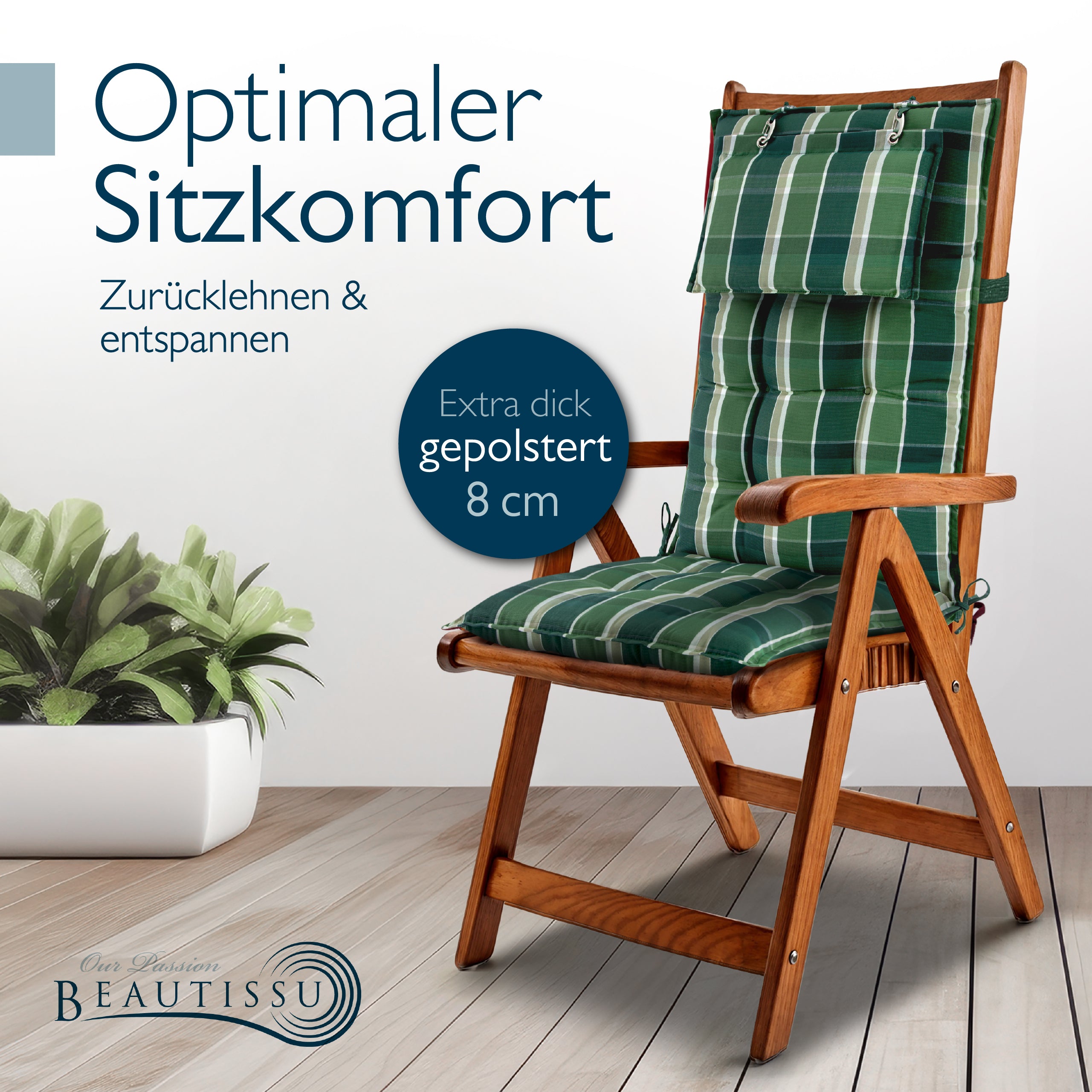 Beautissu Hochlehner Stuhlauflage 120x50x8 cm  – Gartenstuhl Sitzkisse