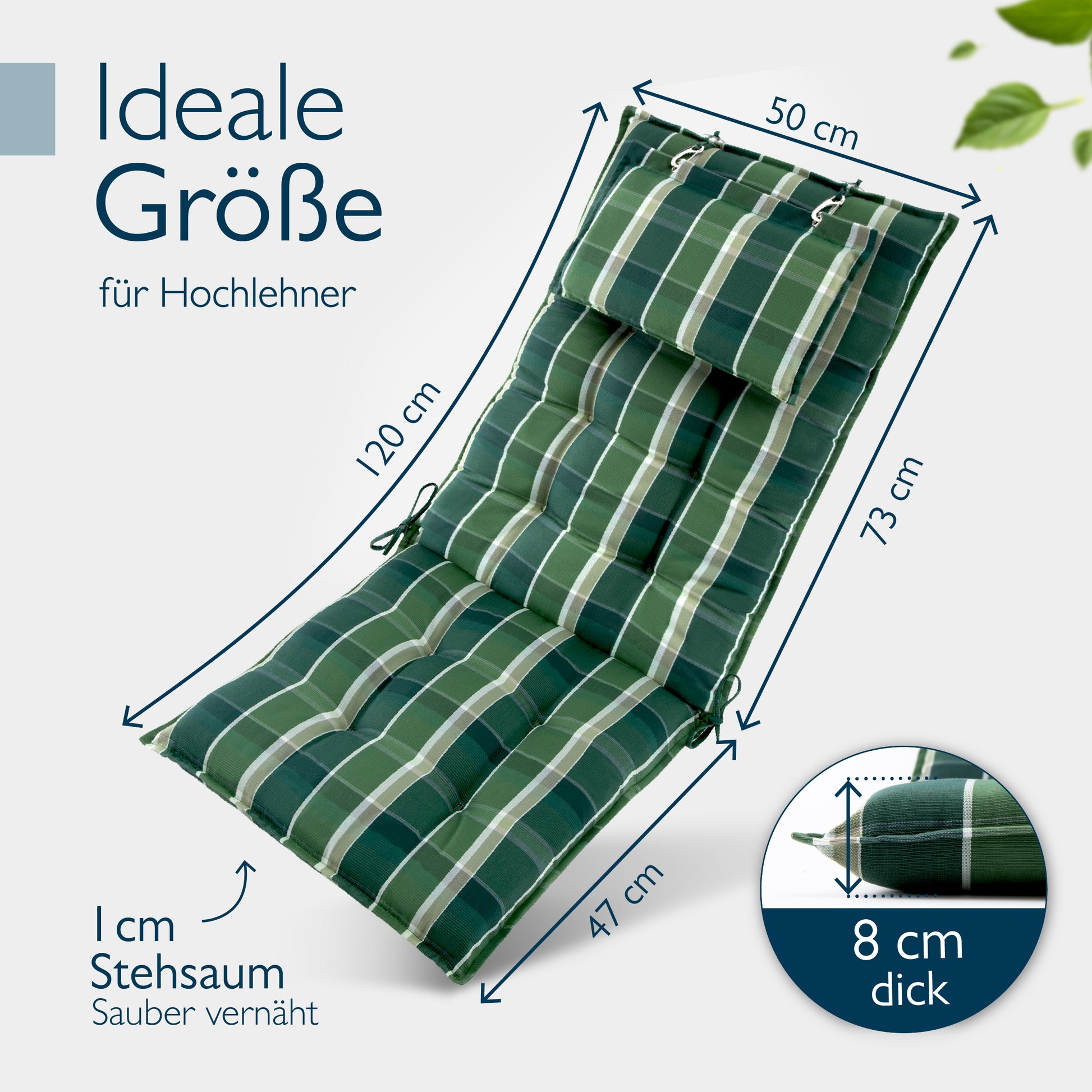 Beautissu Hochlehner Stuhlauflage 120x50x8 cm  – Gartenstuhl Sitzkisse