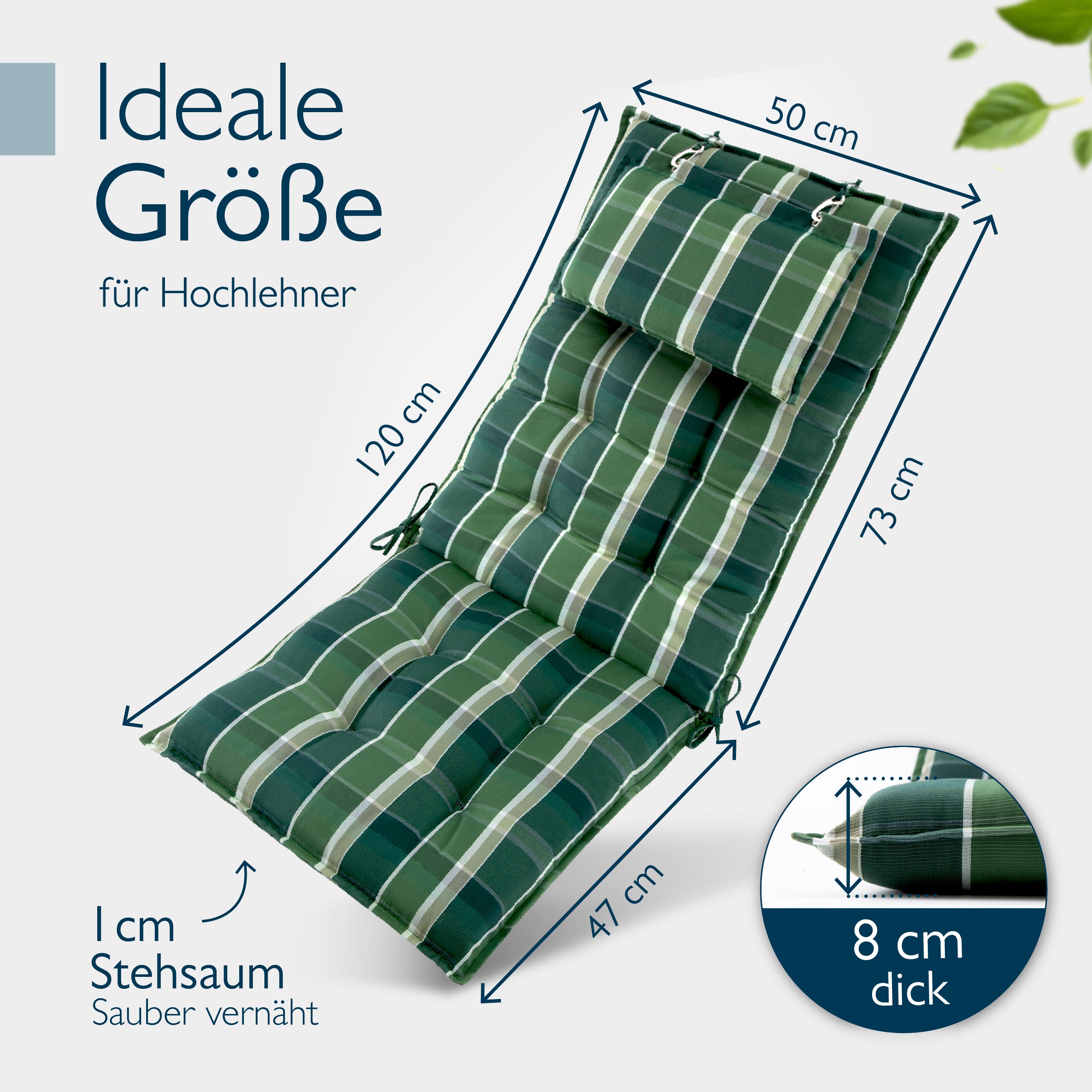 Beautissu Hochlehner Stuhlauflage 120x50x8 cm  – Gartenstuhl Sitzkisse