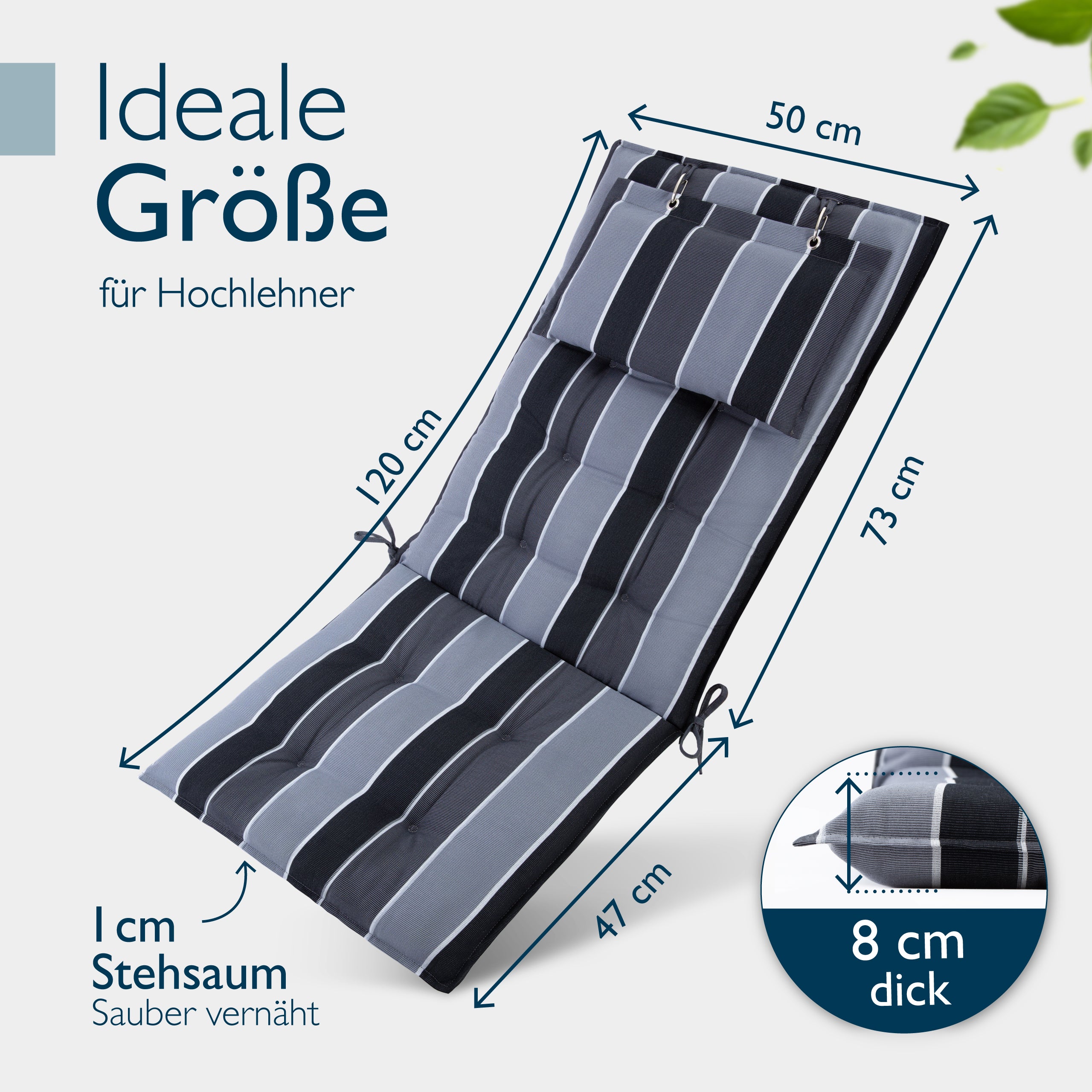 Beautissu Hochlehner Stuhlauflage 120x50x8 cm  – Gartenstuhl Sitzkisse