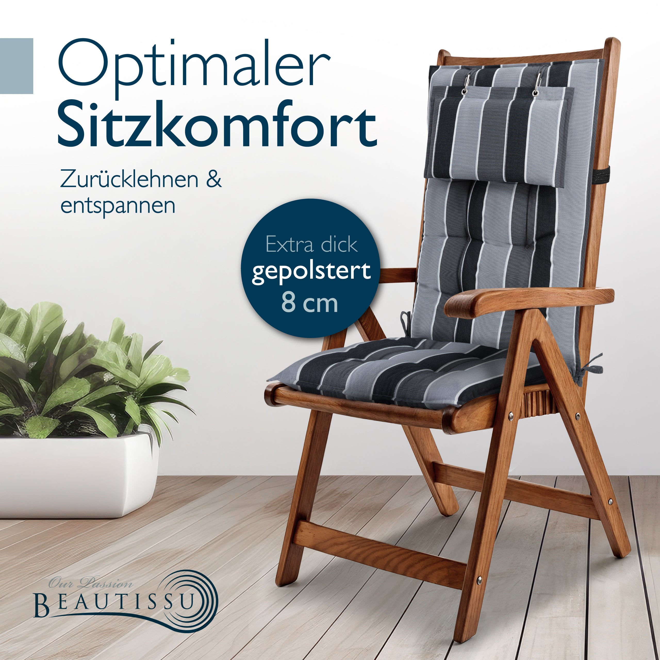 Beautissu Hochlehner Stuhlauflage 120x50x8 cm  – Gartenstuhl Sitzkisse