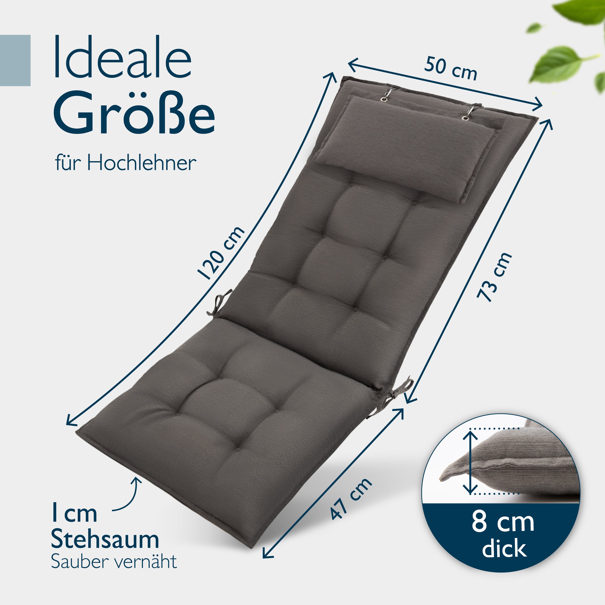Beautissu Hochlehner Stuhlauflage 120x50x8 cm  – Gartenstuhl Sitzkisse