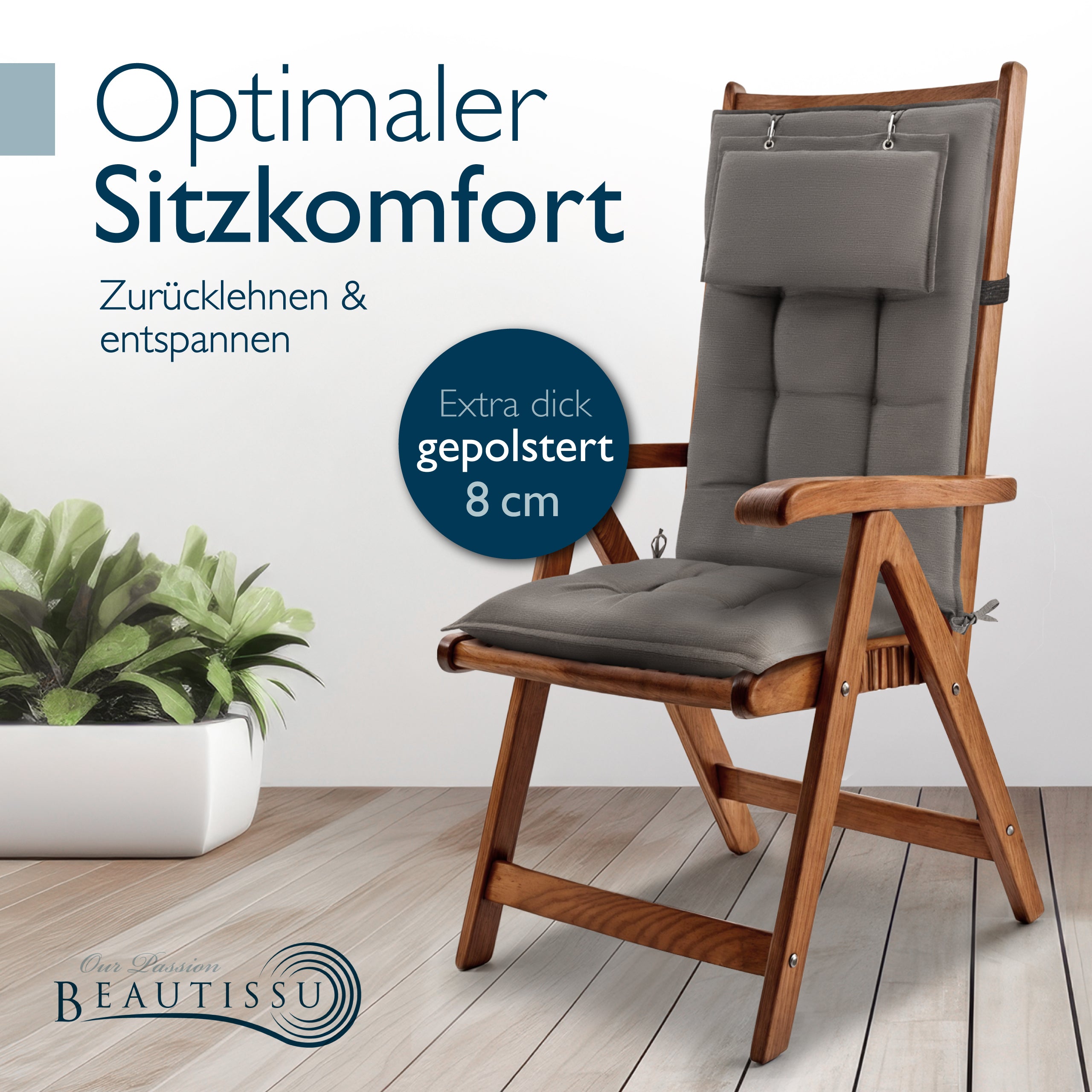Beautissu Hochlehner Stuhlauflage 120x50x8 cm  – Gartenstuhl Sitzkisse