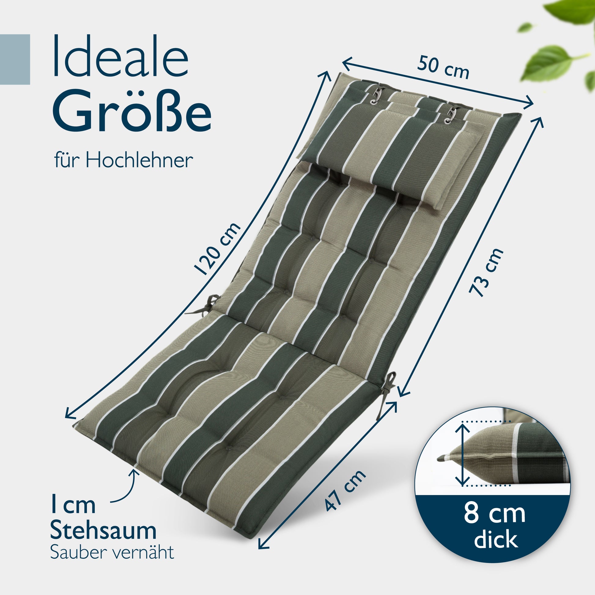 Beautissu Hochlehner Stuhlauflage 120x50x8 cm  – Gartenstuhl Sitzkisse