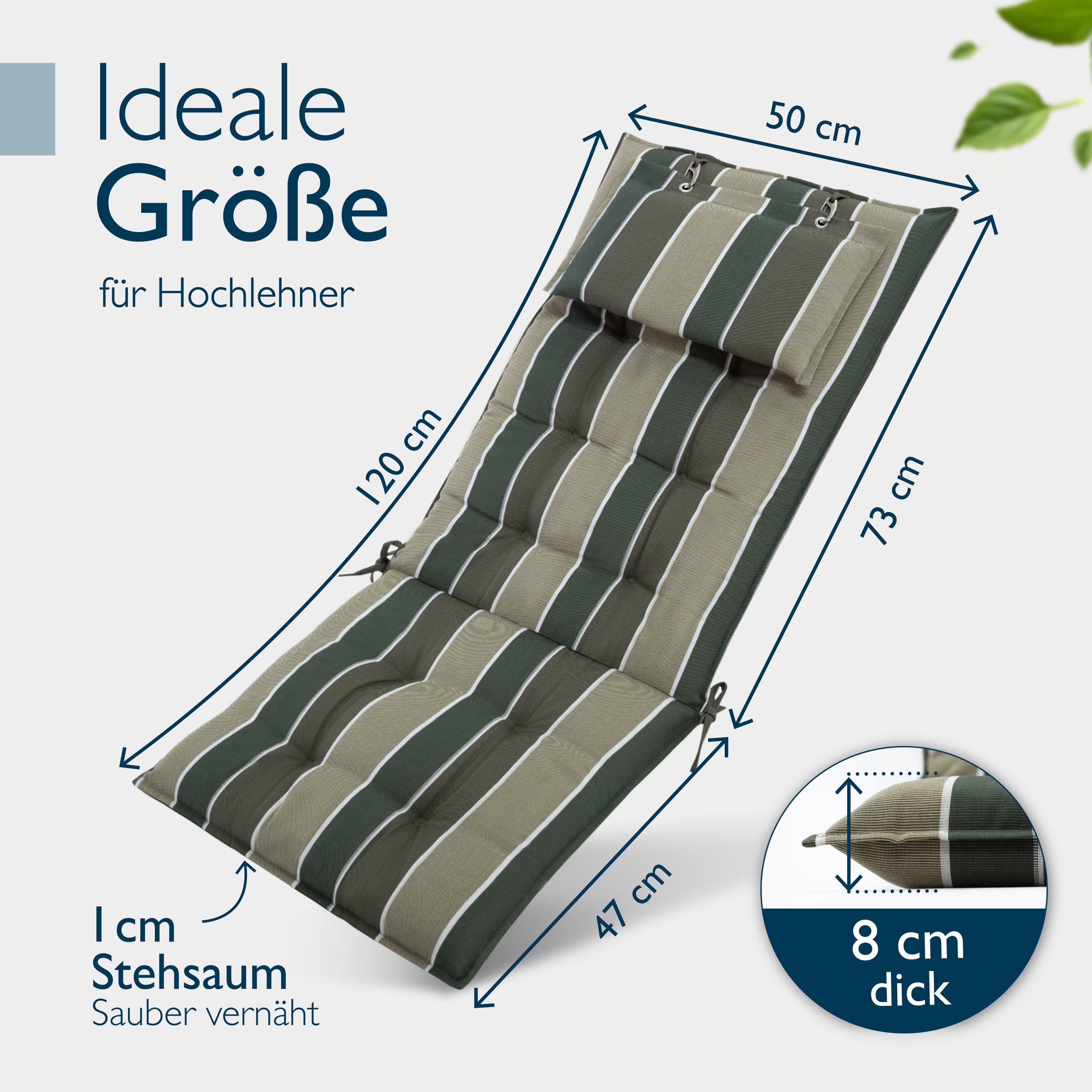 Beautissu Hochlehner Stuhlauflage 120x50x8 cm  – Gartenstuhl Sitzkisse