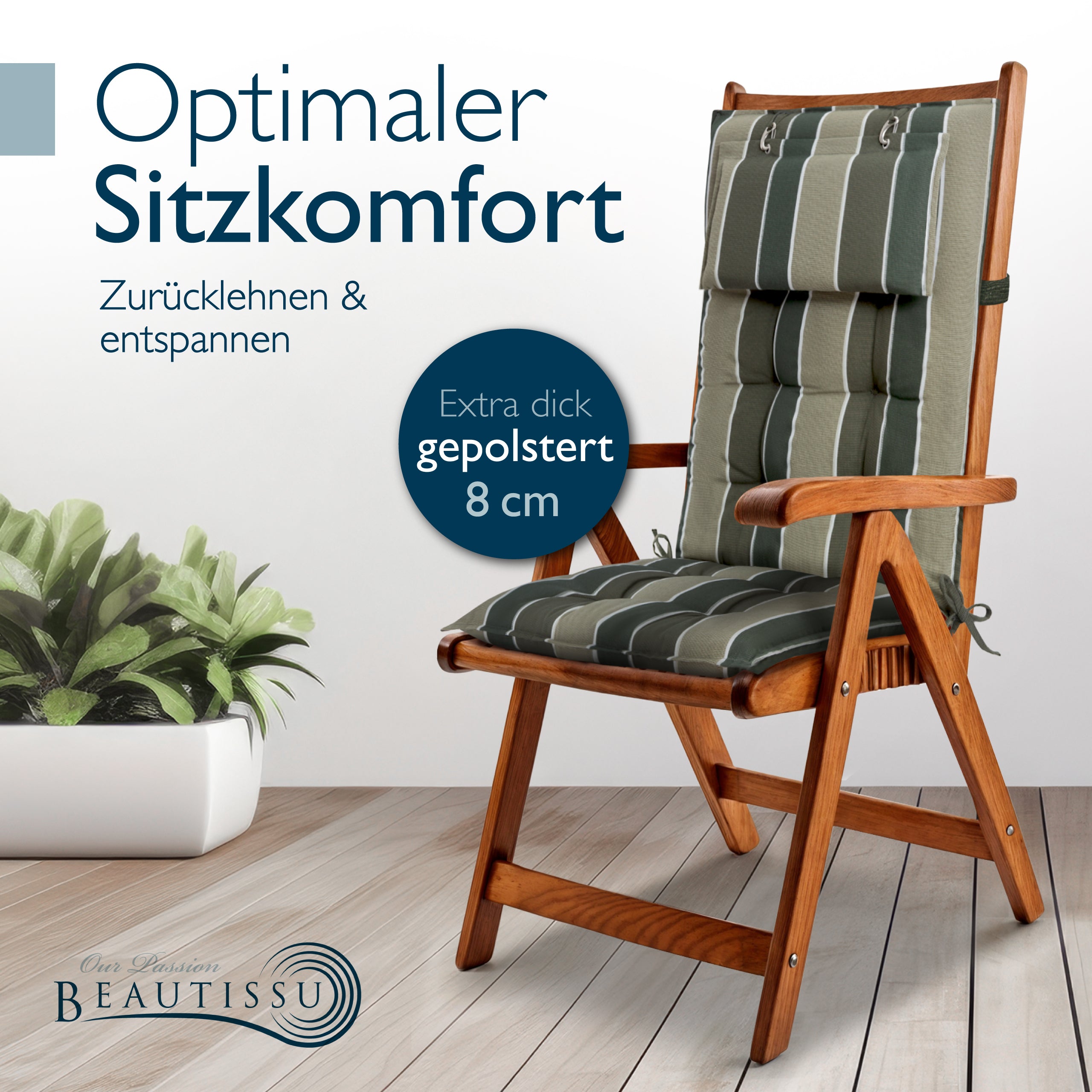 Beautissu Hochlehner Stuhlauflage 120x50x8 cm  – Gartenstuhl Sitzkisse