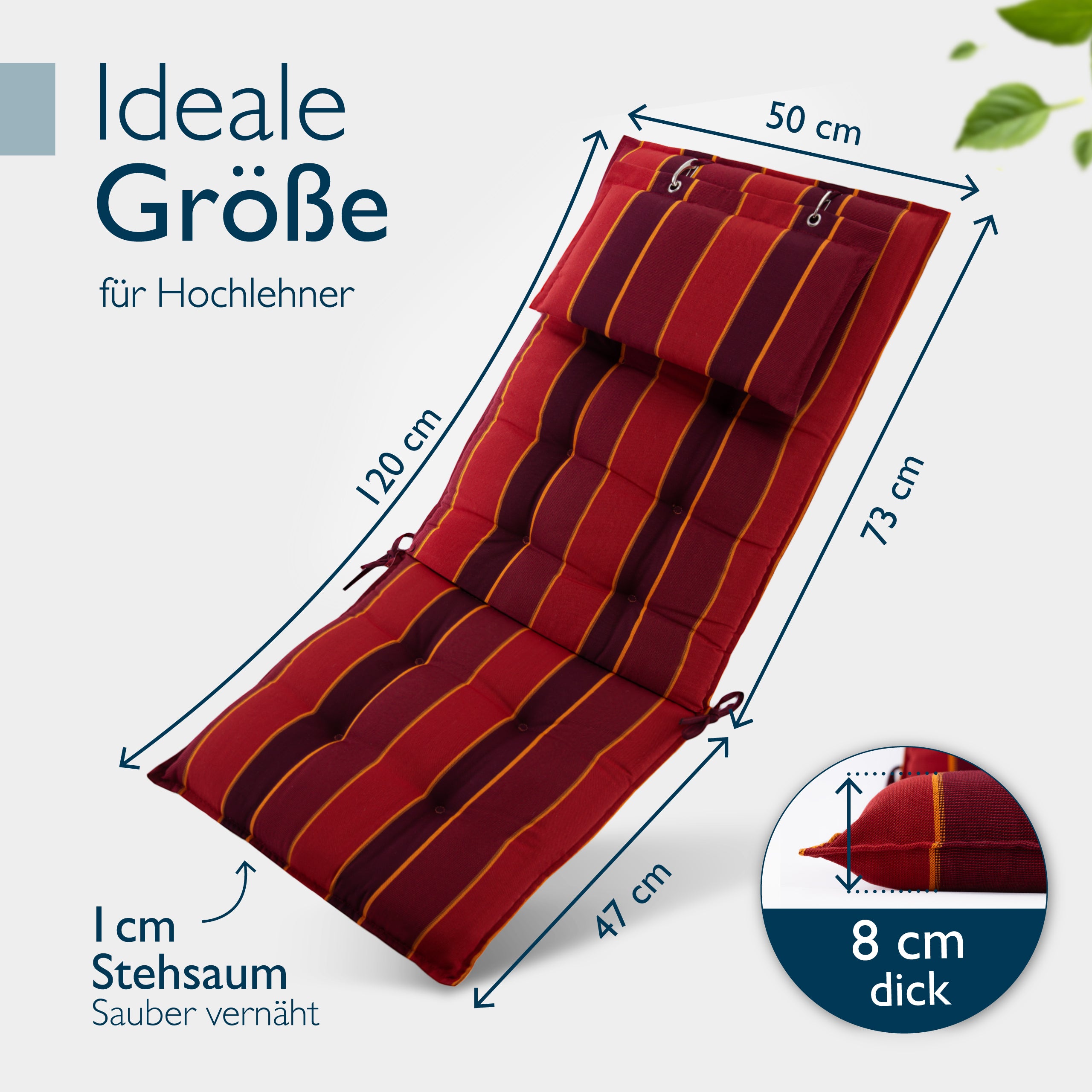 Beautissu Hochlehner Stuhlauflage 120x50x8 cm  – Gartenstuhl Sitzkisse