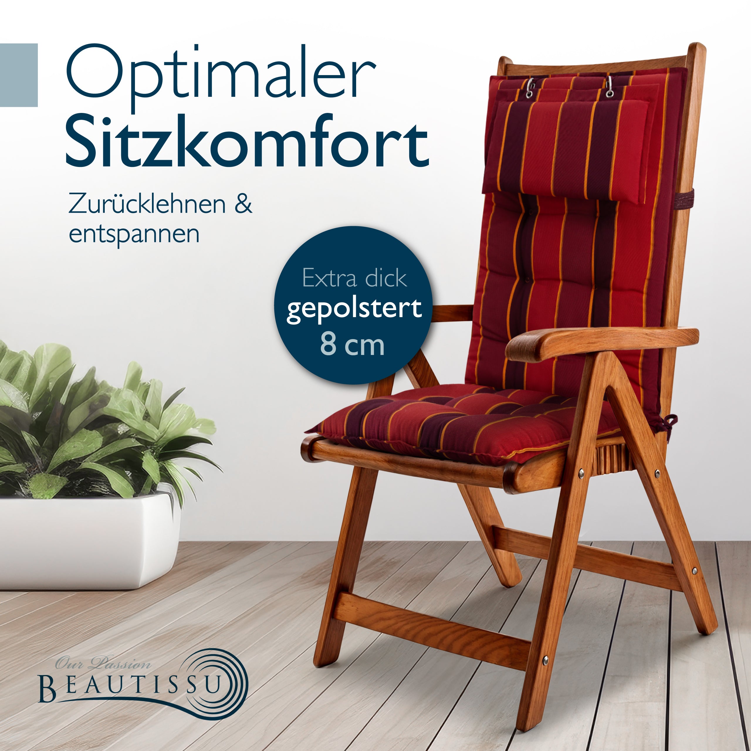 Beautissu Hochlehner Stuhlauflage 120x50x8 cm  – Gartenstuhl Sitzkisse