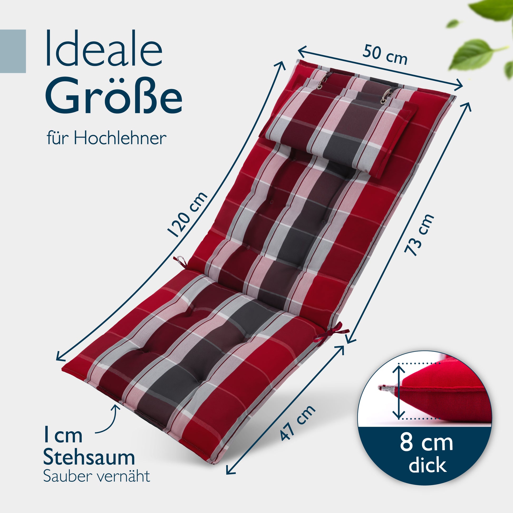 Beautissu Hochlehner Stuhlauflage 120x50x8 cm  – Gartenstuhl Sitzkisse