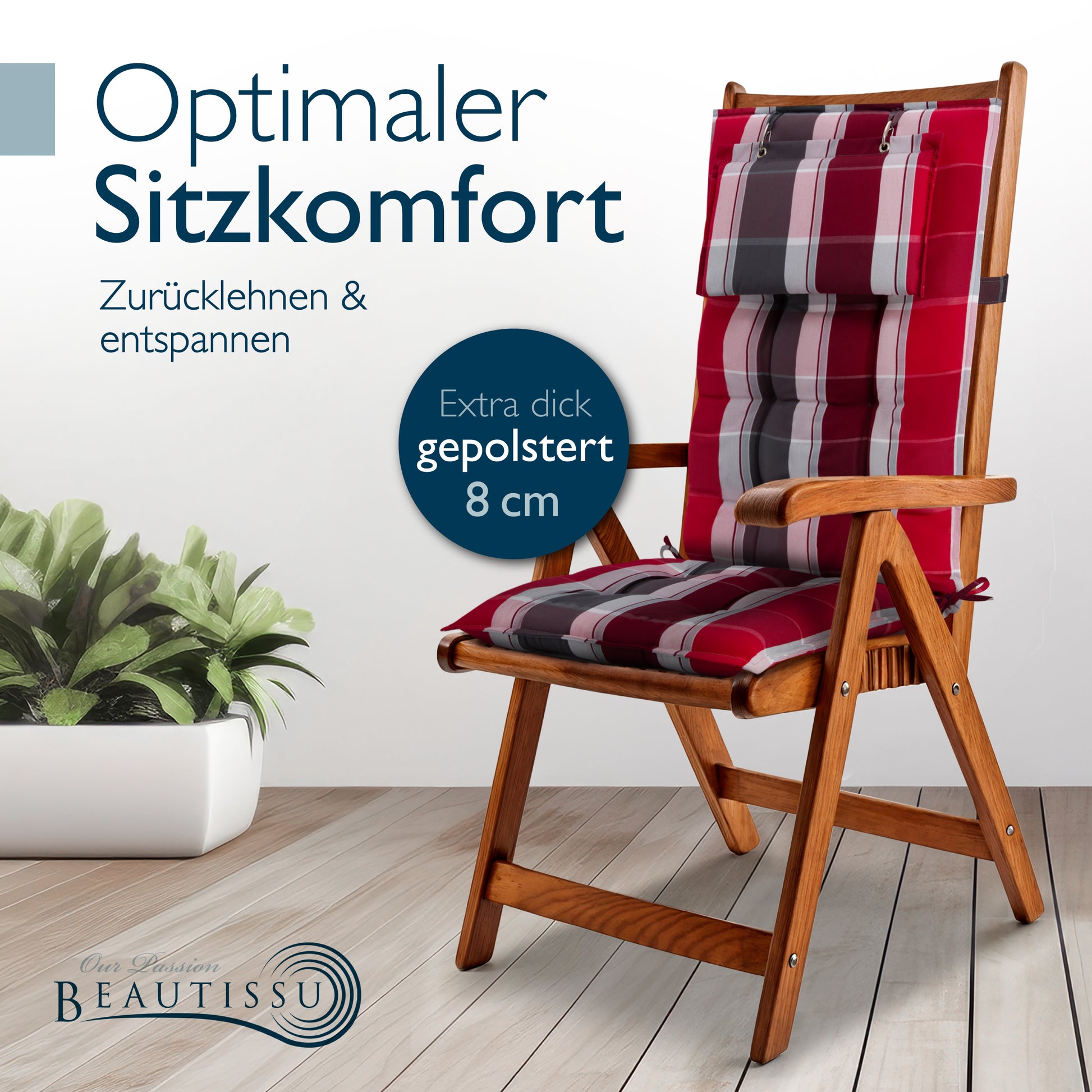 Beautissu Hochlehner Stuhlauflage 120x50x8 cm  – Gartenstuhl Sitzkisse