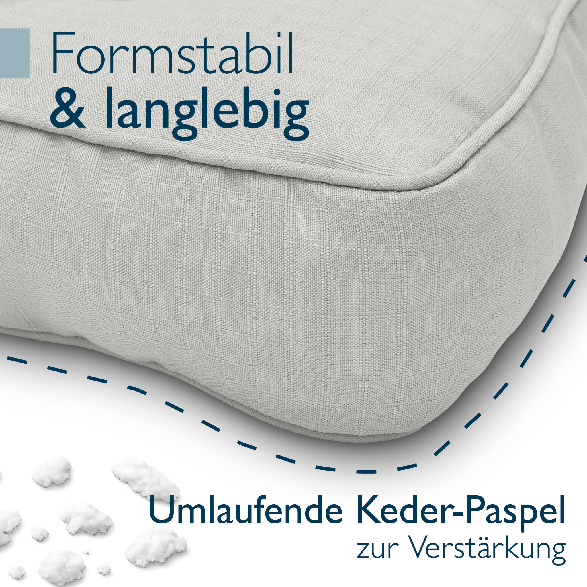Hellgraue Beautissu Outdoor Lounge Rückenkissen und Sitzkissen 10-12 cm dick mit Karostruktur und Paspelierung