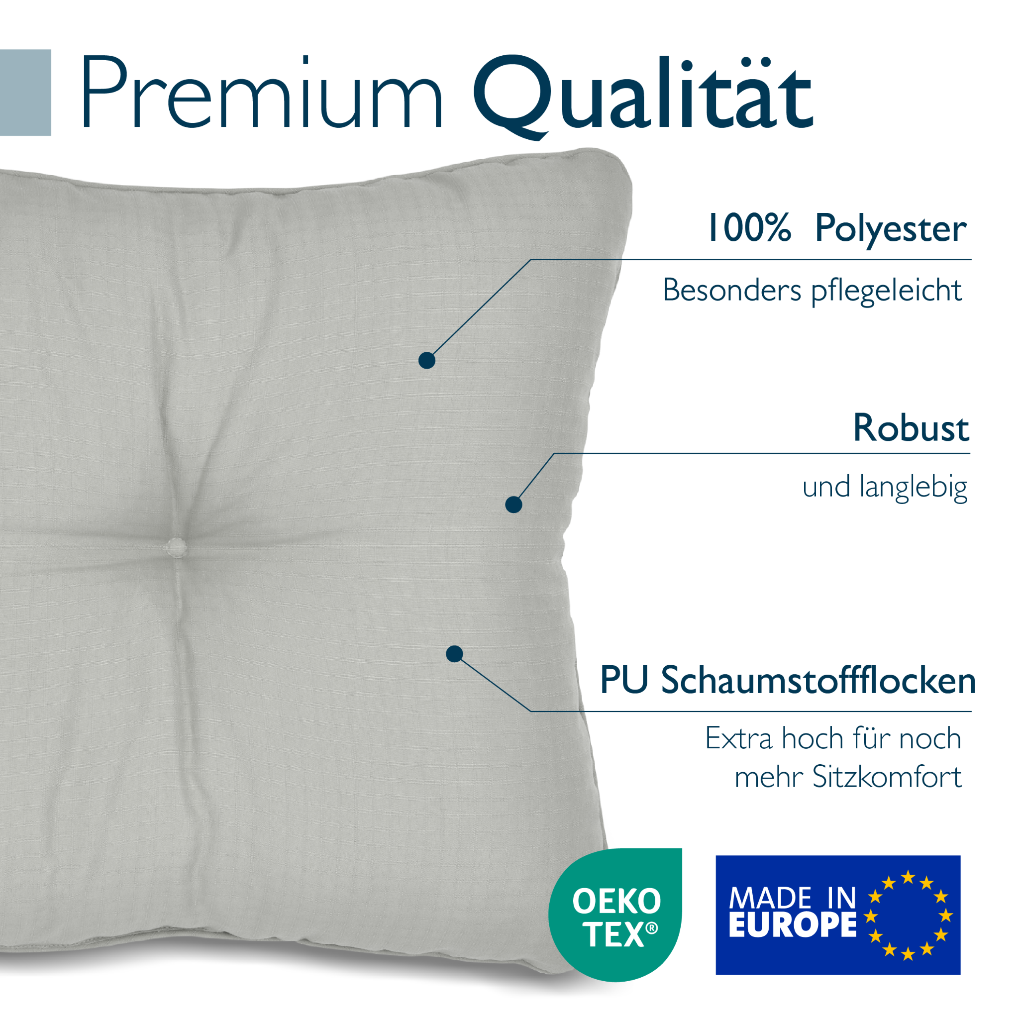 Hellgraue Beautissu Outdoor Lounge Rückenkissen und Sitzkissen mit Karostruktur, 10/12 cm dick, formstabil und pflegeleicht