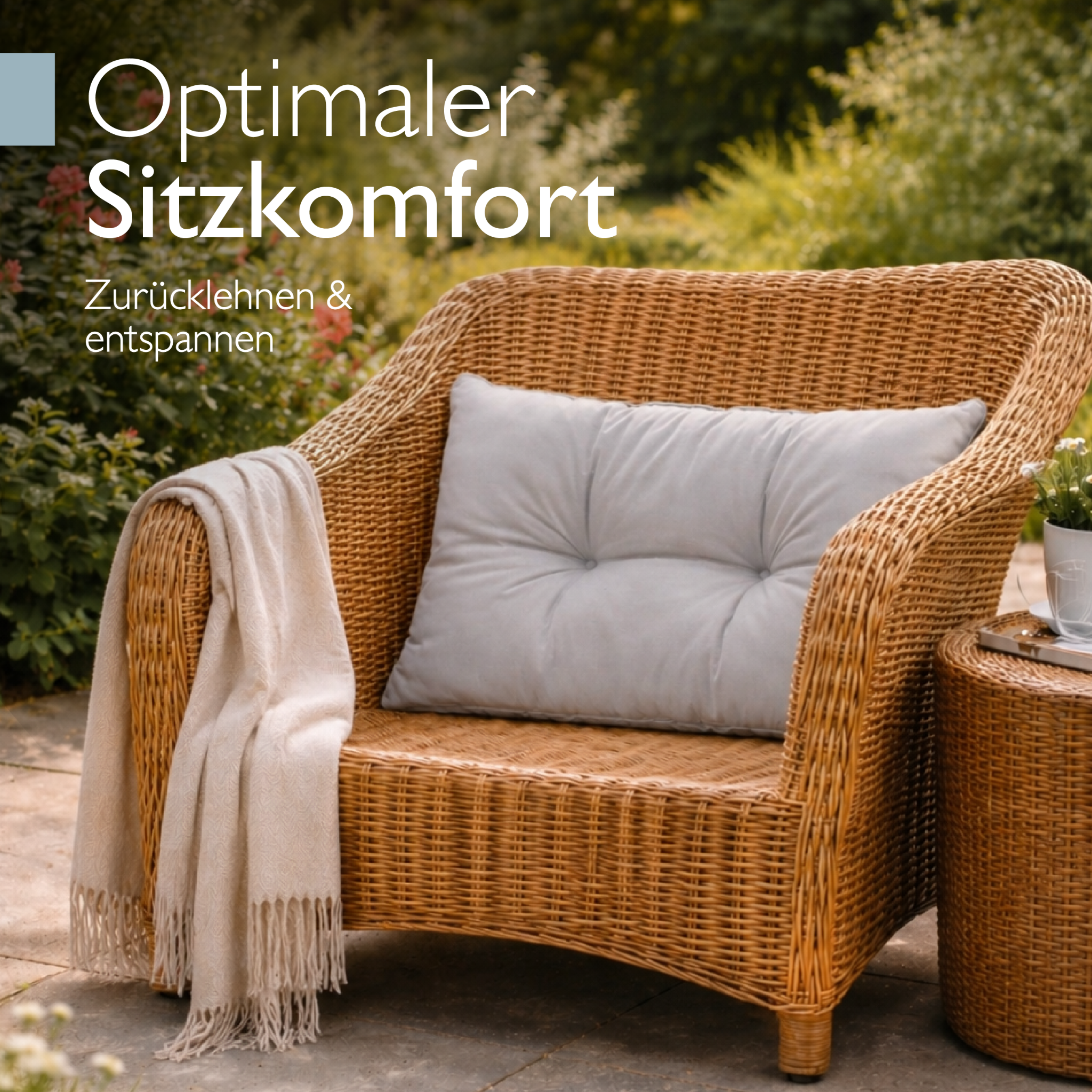 Hellgraue Beautissu Outdoor Lounge Rückenkissen und Sitzkissen 10/12 cm dick mit Karostruktur und Paspelierung