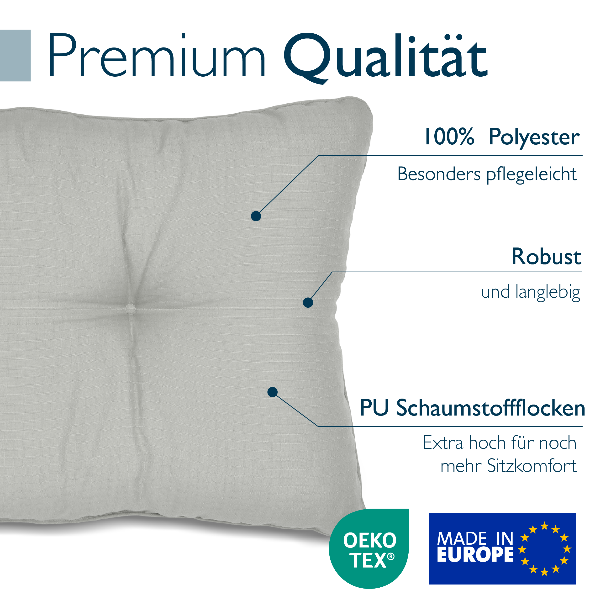 Hellgraue Beautissu Outdoor Lounge Rückenkissen und Sitzkissen 10-12 cm dick mit Karostruktur