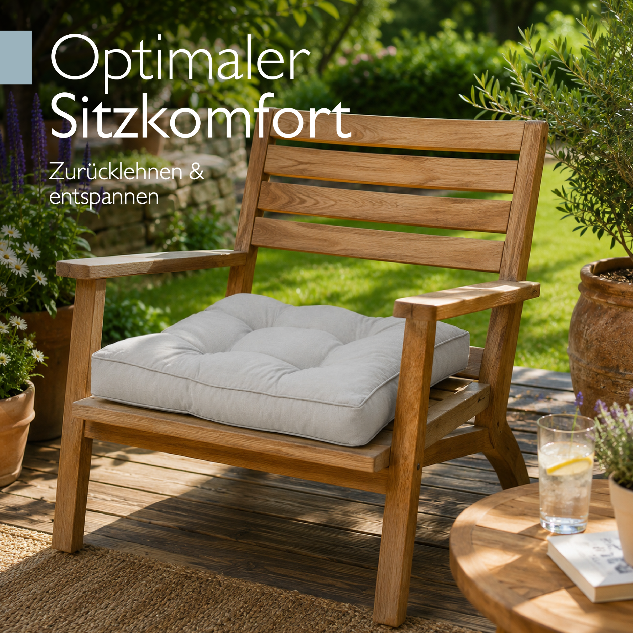 Hellgraue Beautissu Outdoor Lounge Rückenkissen und Sitzkissen mit Karostruktur, 10/12 cm dick, pflegeleicht und formstabil