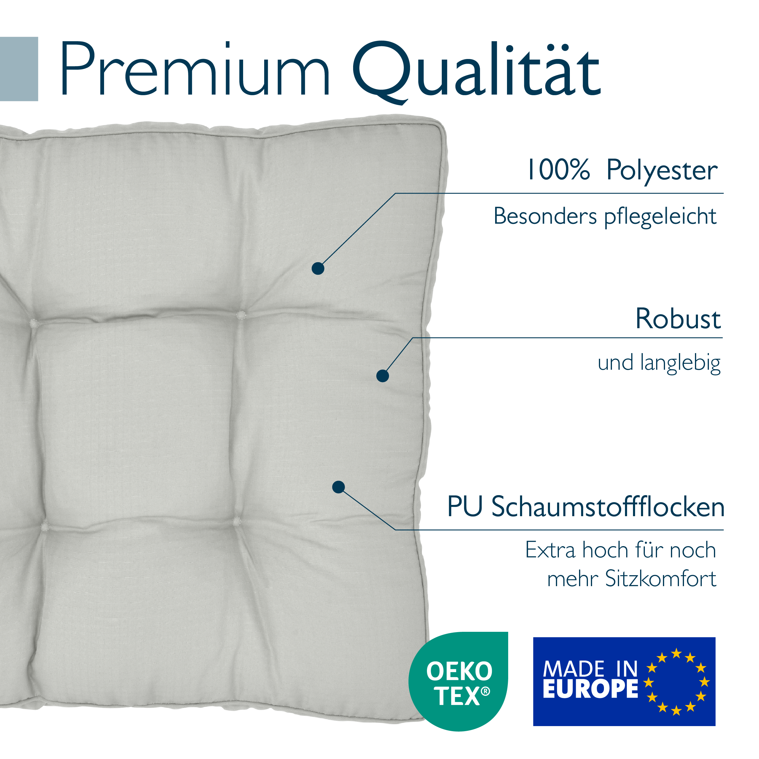 Hellgraue Beautissu Outdoor Lounge Rückenkissen und Sitzkissen mit Karostruktur, 10-12 cm dick, pflegeleicht und formstabil