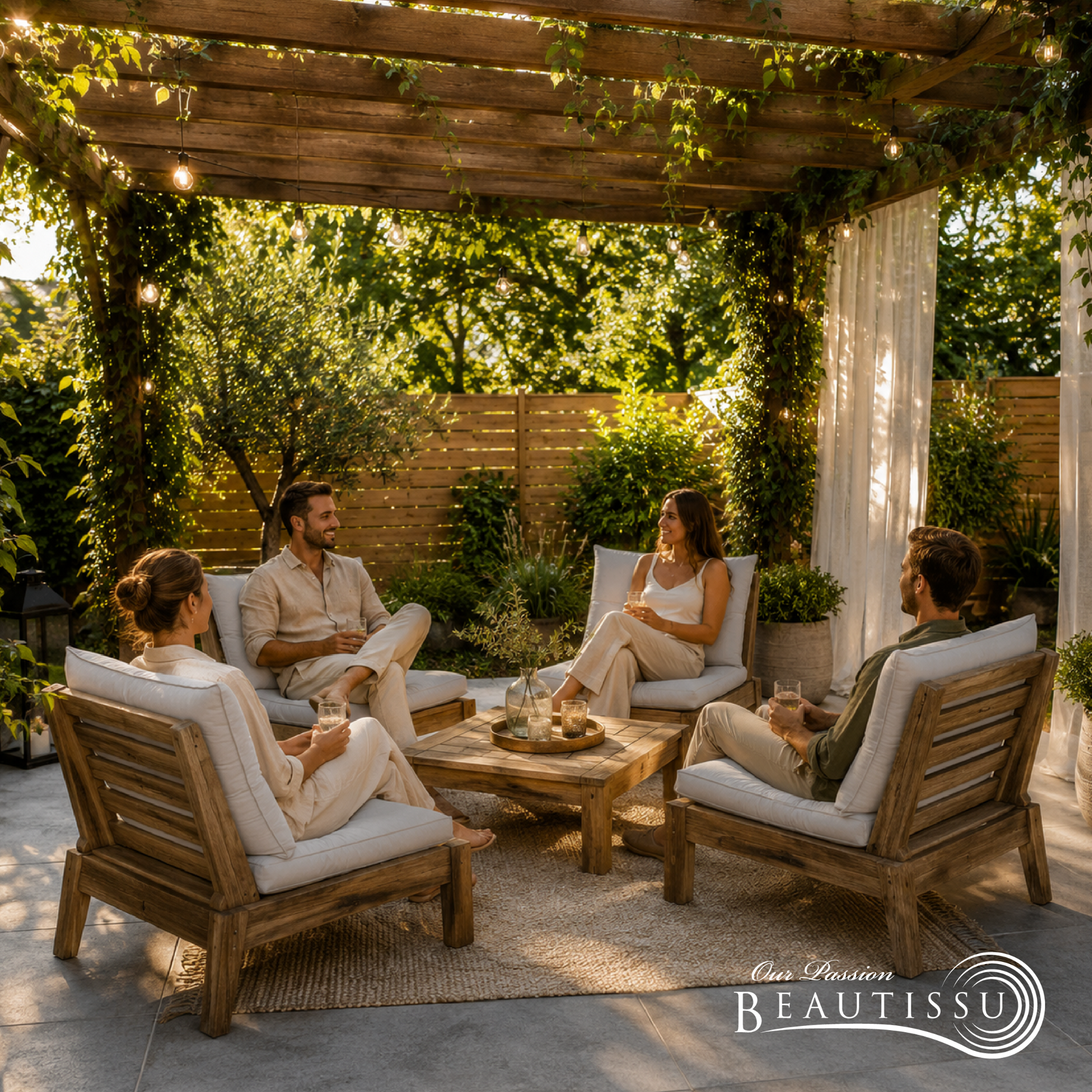 Hellgraue Beautissu Outdoor Lounge Rückenkissen und Sitzkissen 10-12 cm dick mit Karostruktur
