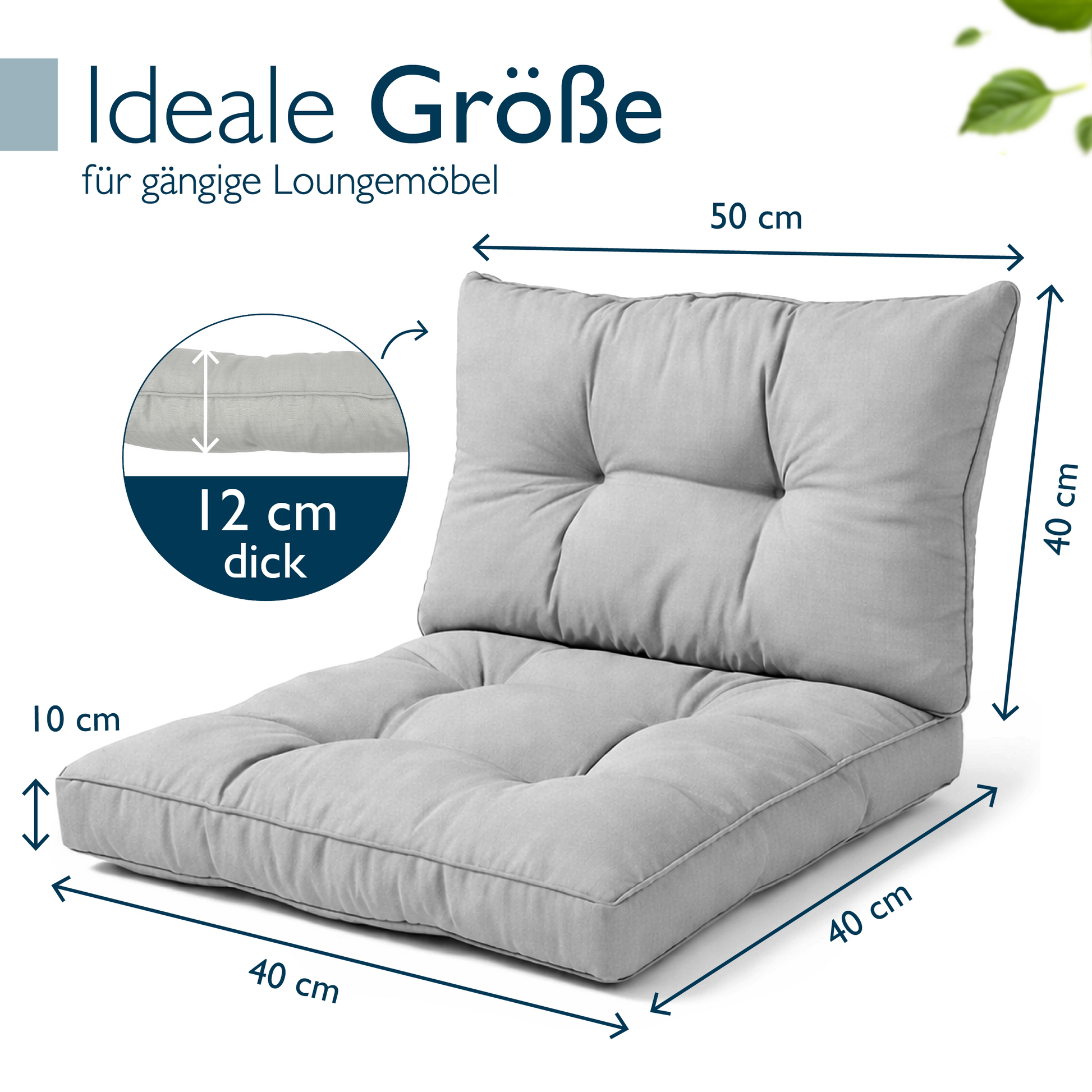 Hellgraue Beautissu Outdoor Lounge Rückenkissen und Sitzkissen 10/12 cm dick mit Karostruktur und umlaufender Paspelierung