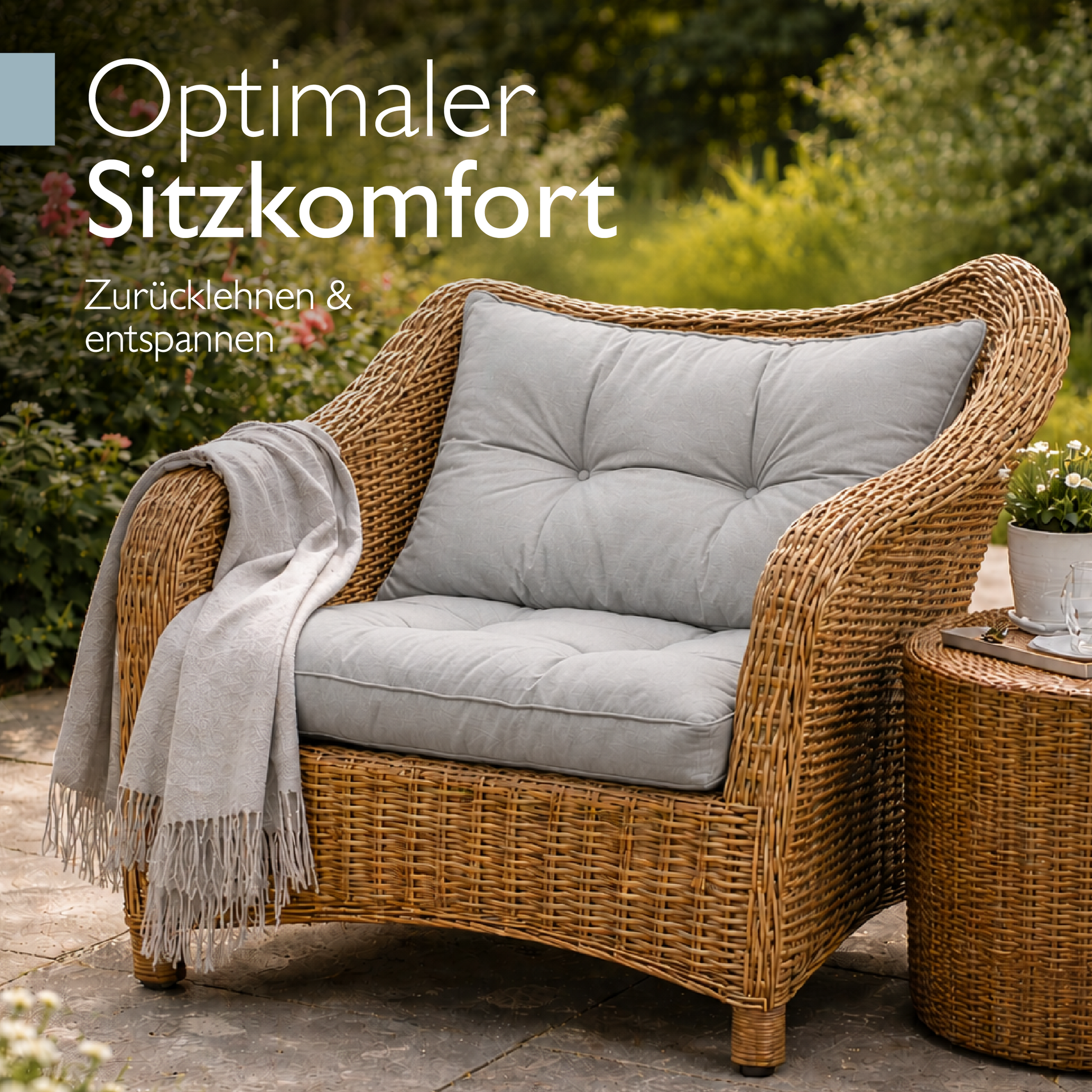 Beautissu Outdoor Lounge Rückenkissen und Sitzkissen hellgrau mit Karostruktur, 10/12 cm dick, formstabil und pflegeleicht
